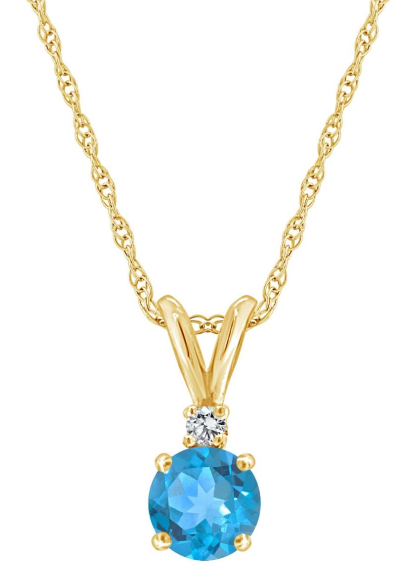 14K Gold 6mm Round Blue Topaz Diamond Accent Pendant