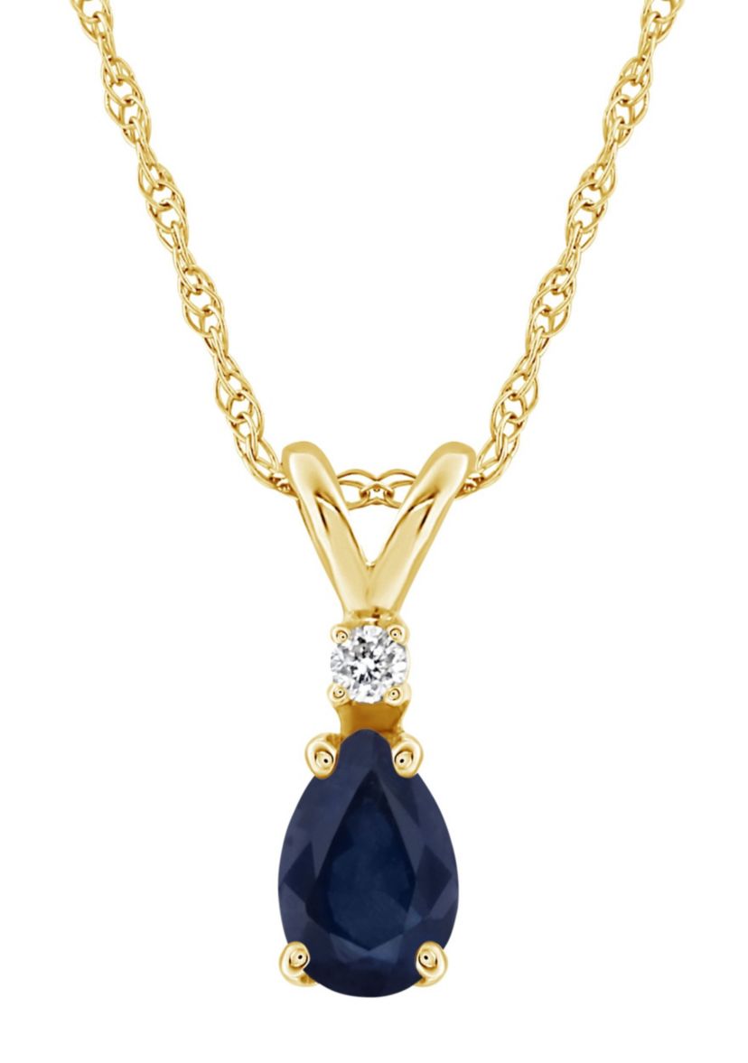 14K Gold 6x4 Pear Shape Sapphire Diamond Accent Pendant