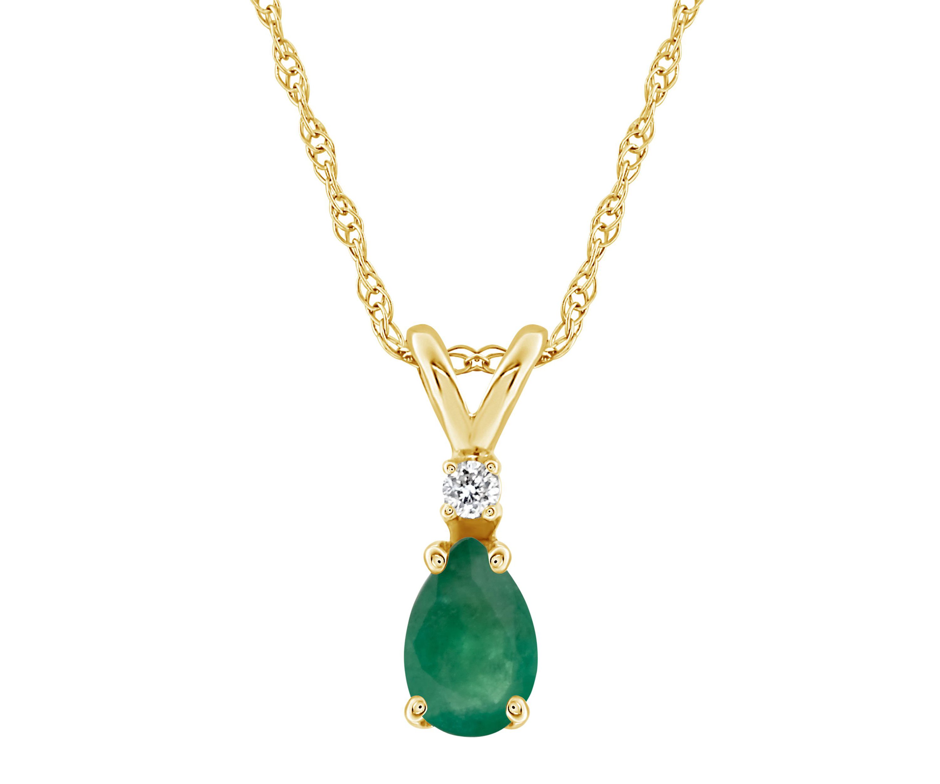 14K Gold 7x5 Pear Shape Emerald Diamond Accent Pendant