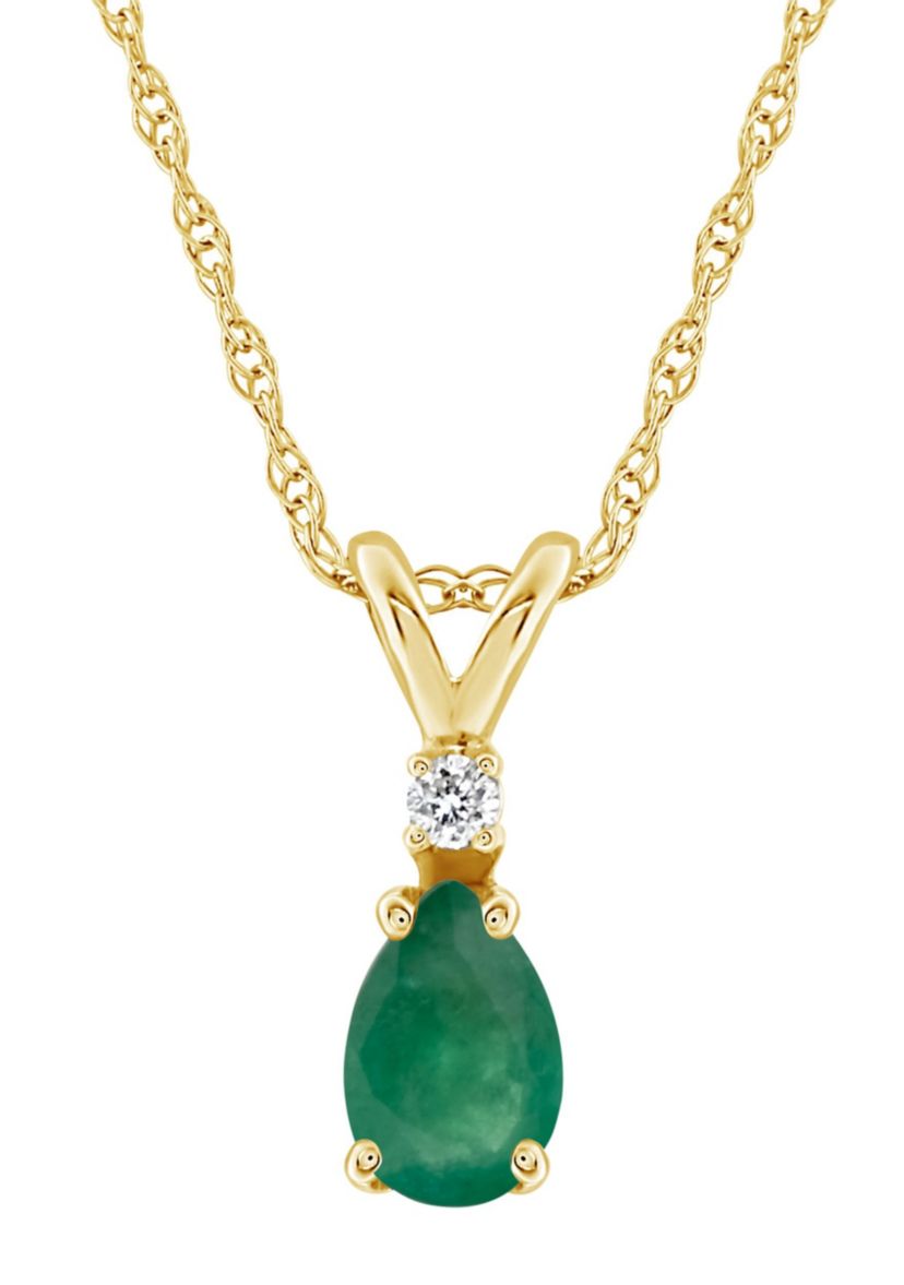 14K Gold 7x5 Pear Shape Emerald Diamond Accent Pendant