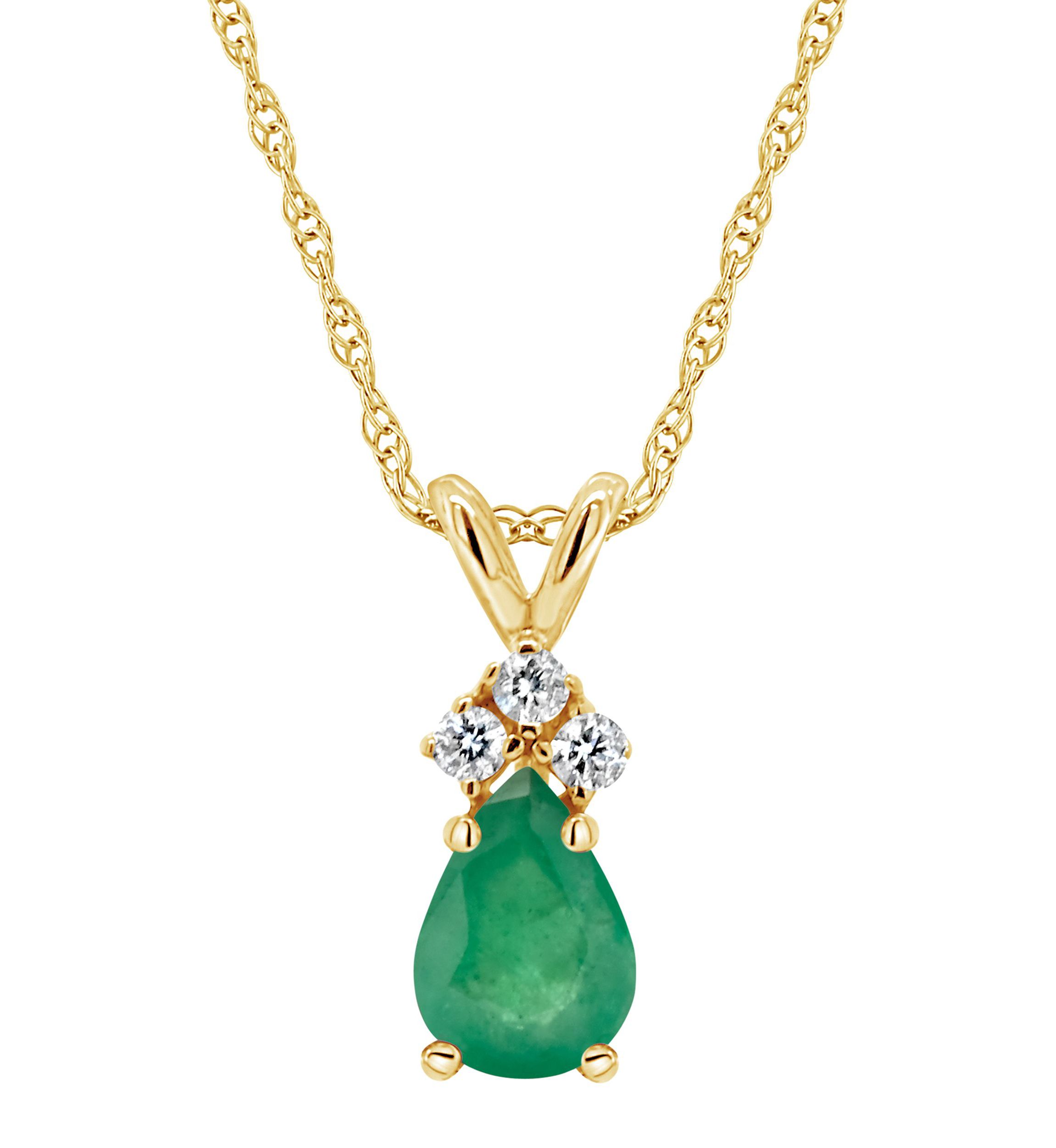 14K Gold 7x5 Pear Shape Emerald Diamond Accent Pendant