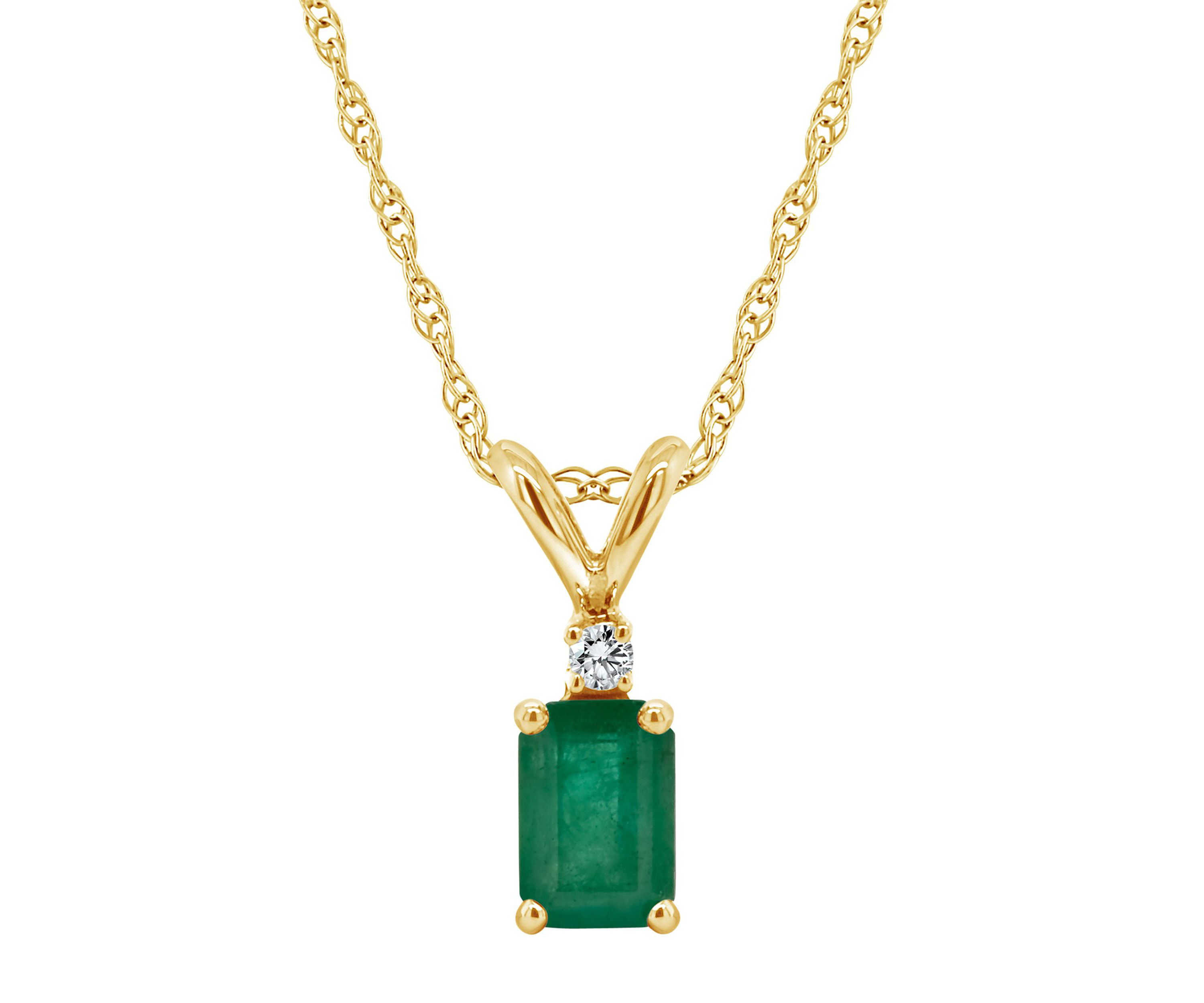14K Gold 6x4 Emerald Cut Emerald Diamond Accent Pendant