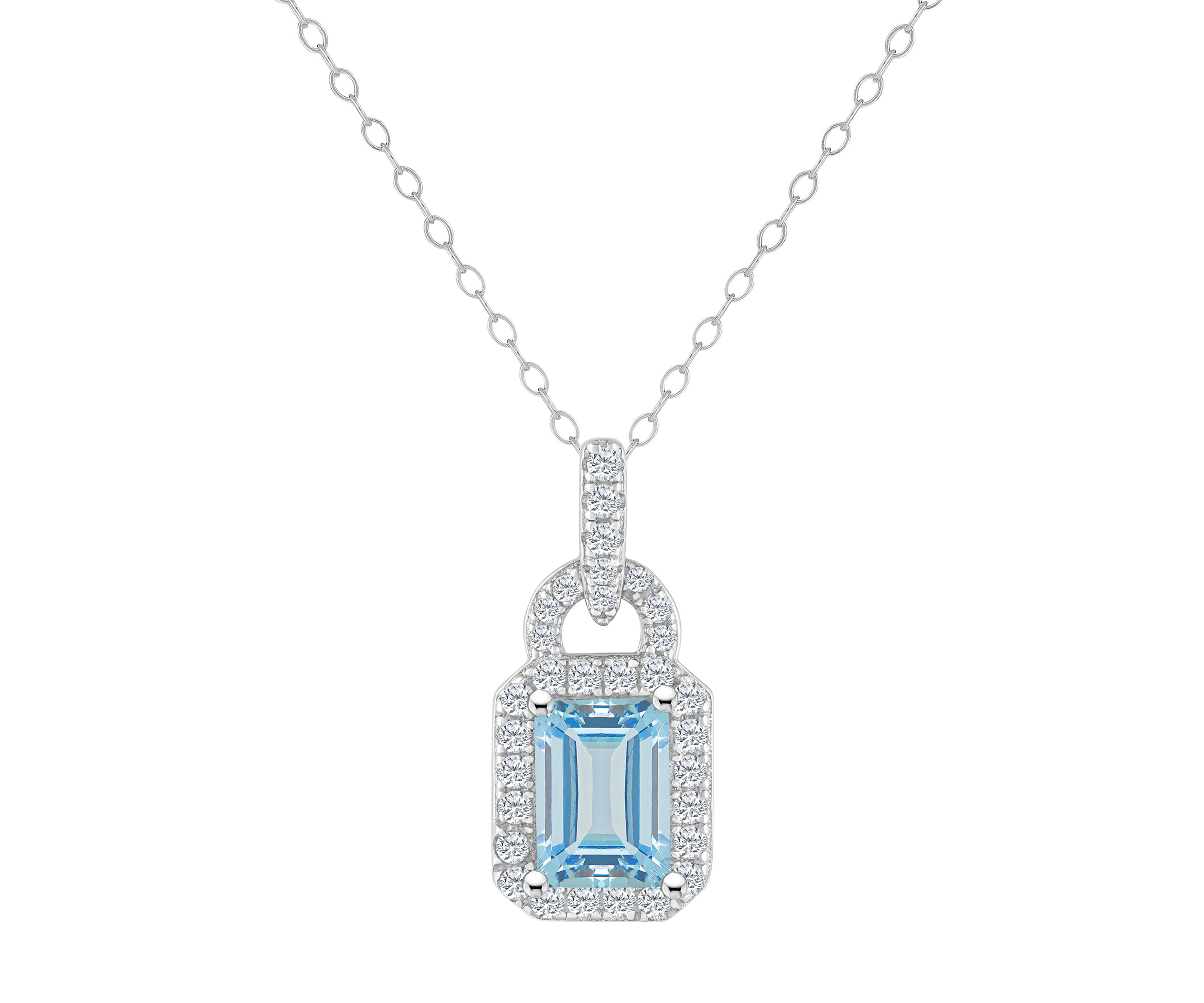 Sterling Silver 7x5mm Emerald Cut Sky Blue Topaz and White Topaz Accent Pendant Necklace