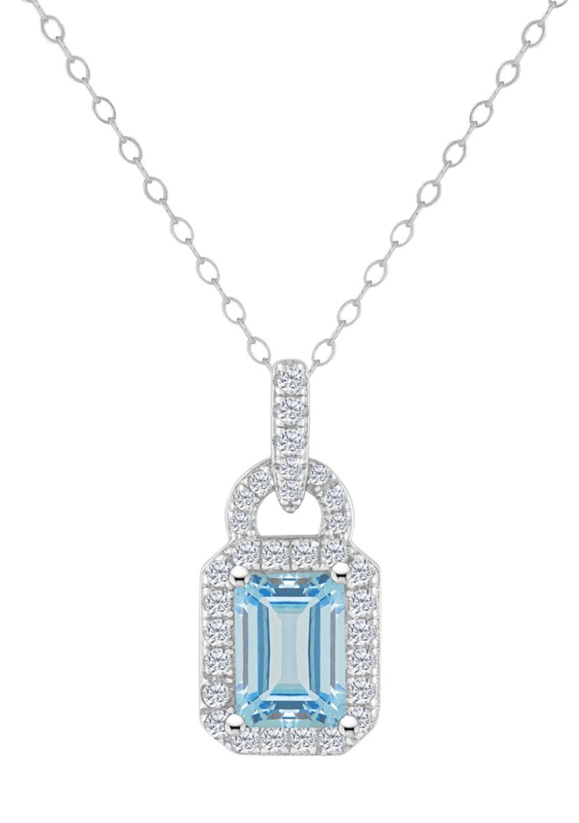 Sterling Silver 7x5mm Emerald Cut Sky Blue Topaz and White Topaz Accent Pendant Necklace