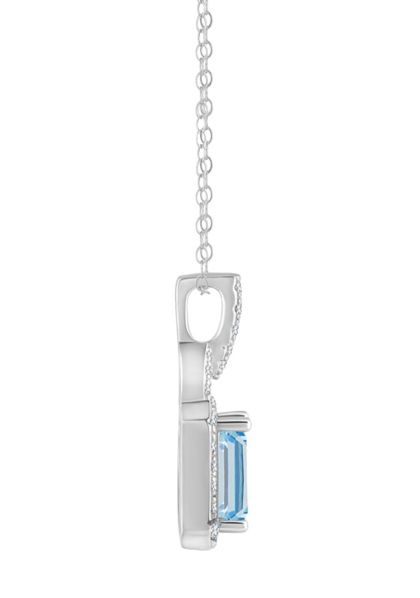 Sterling Silver 7x5mm Emerald Cut Sky Blue Topaz and White Topaz Accent Pendant Necklace