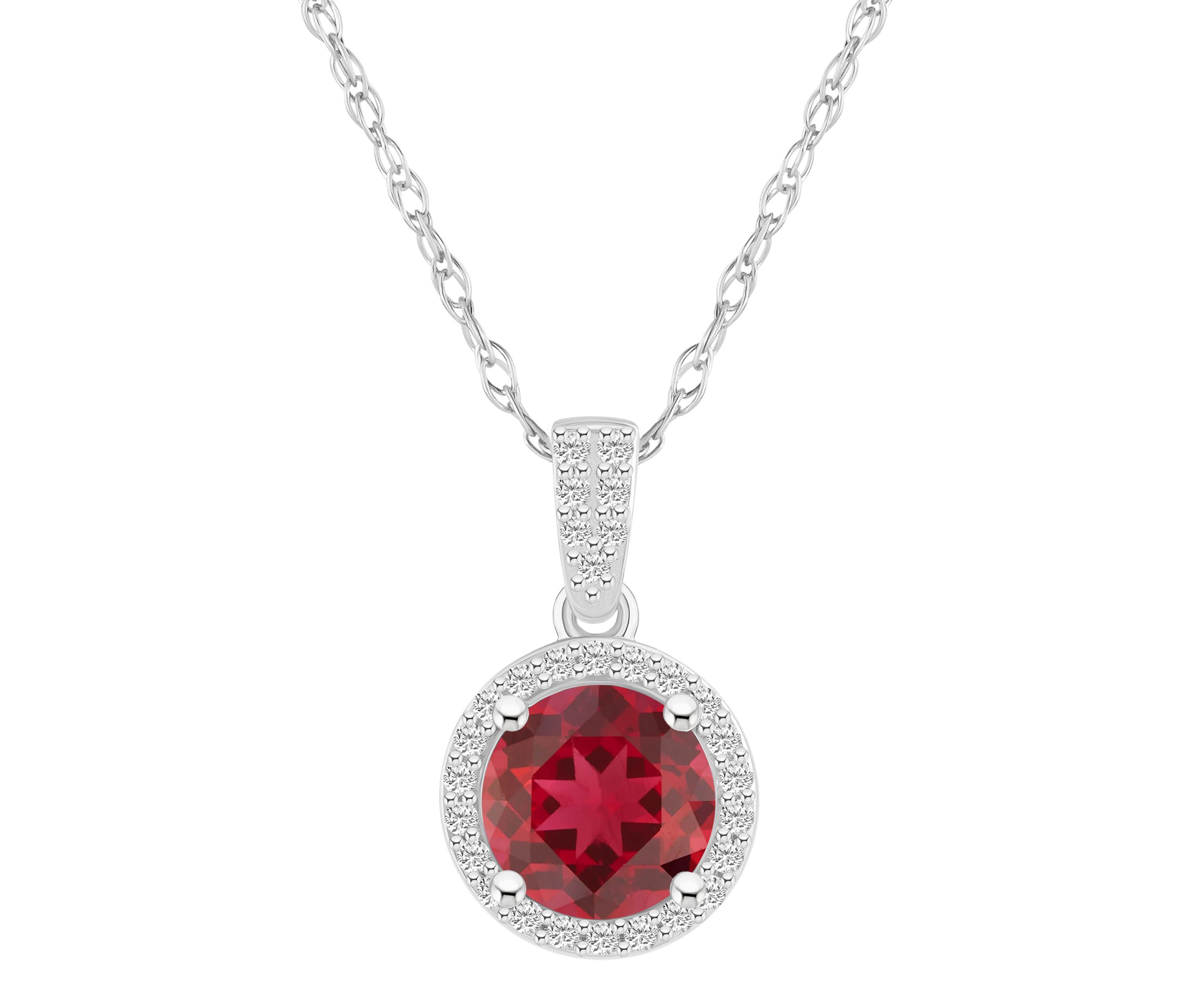 Lab Created 10K White Gold 7mm Round Created Ruby And Created White Sapphire Halo Pendant Necklace