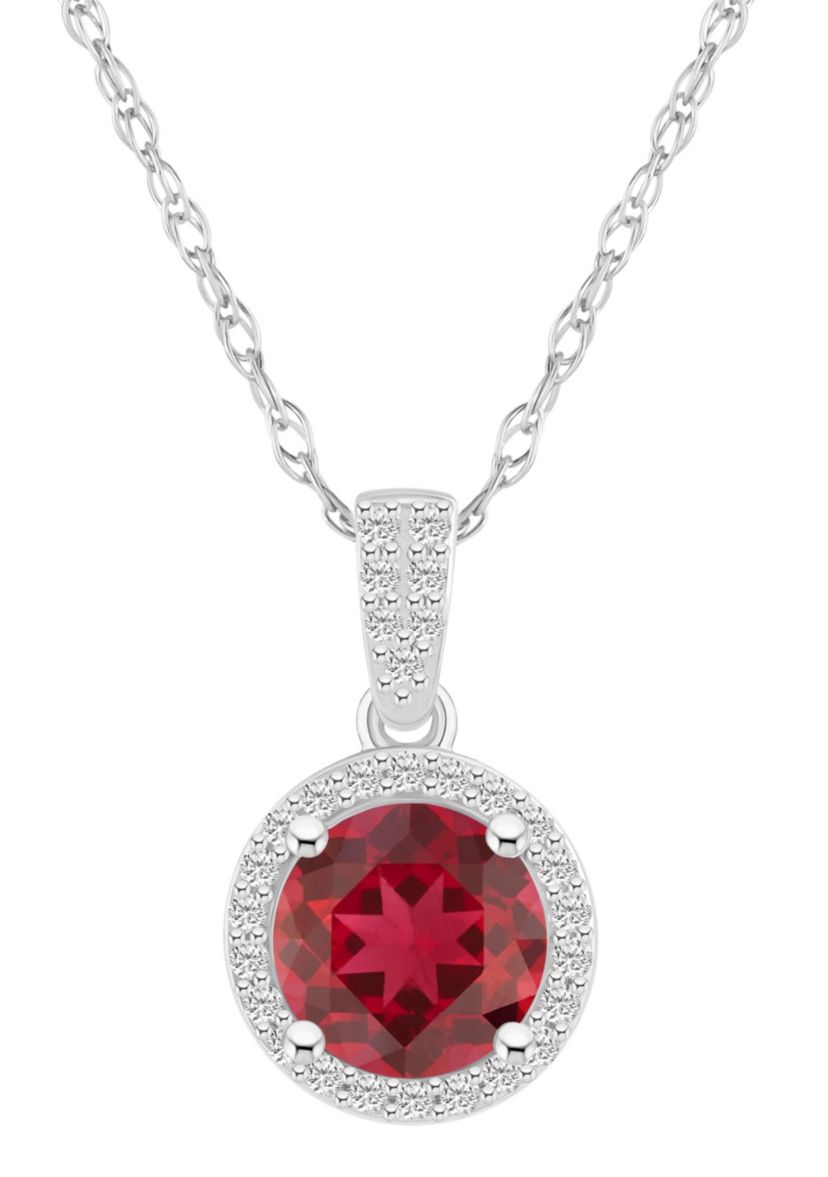 Lab Created 10K White Gold 7mm Round Created Ruby And Created White Sapphire Halo Pendant Necklace