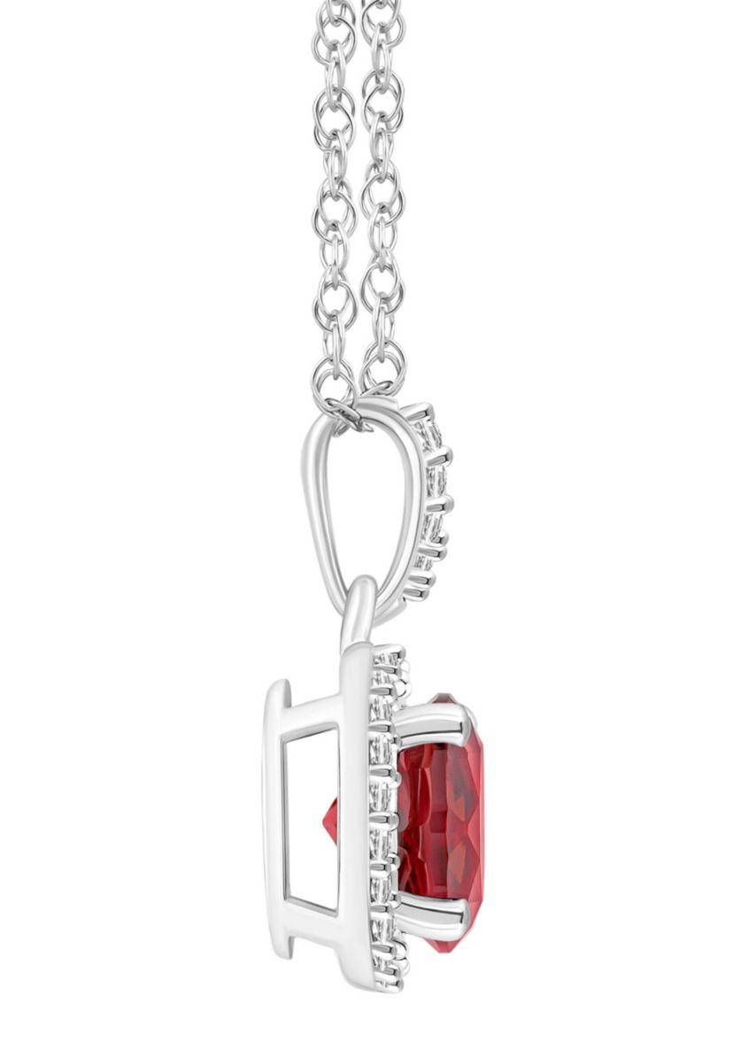 Lab Created 10K White Gold 7mm Round Created Ruby And Created White Sapphire Halo Pendant Necklace