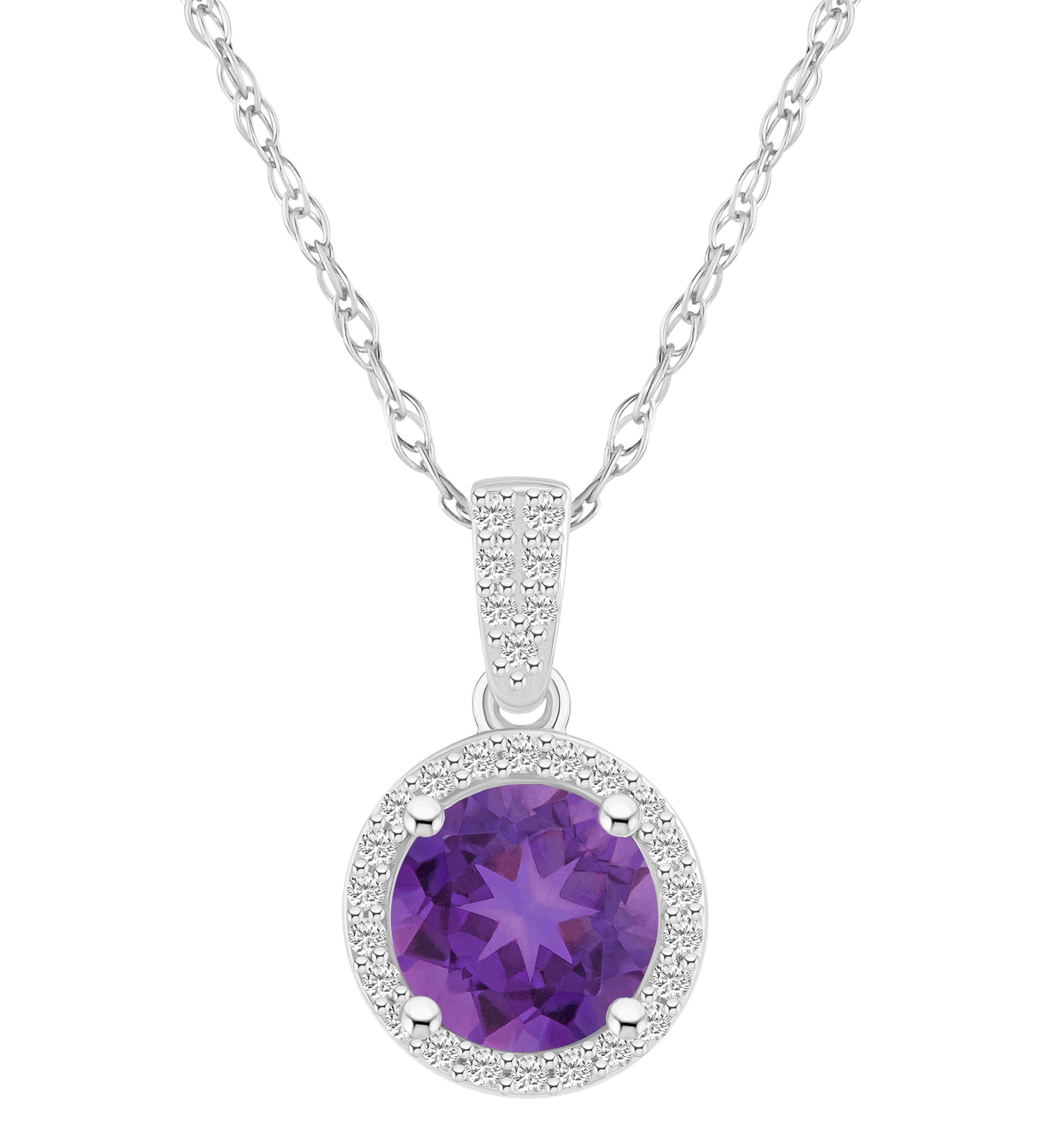 10K White Gold 7mm Round Amethyst And Created White Sapphire Halo Pendant Necklace