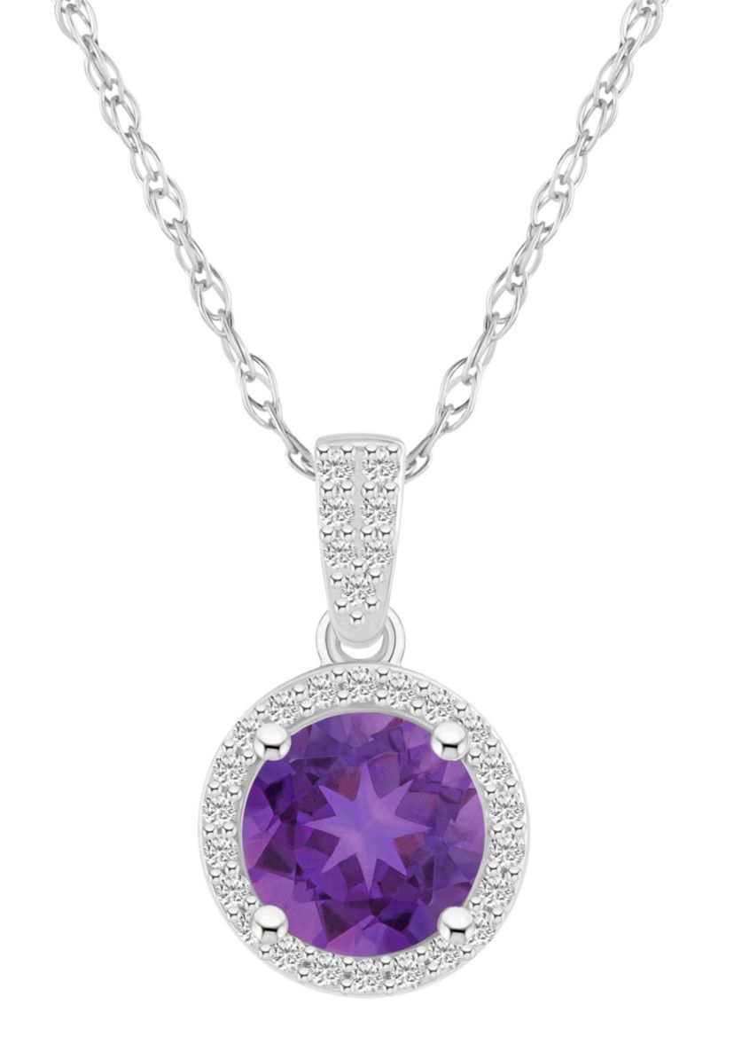 10K White Gold 7mm Round Amethyst And Created White Sapphire Halo Pendant Necklace