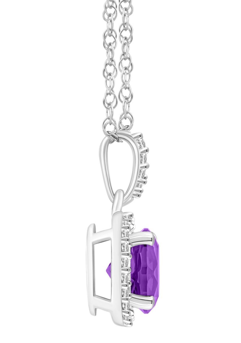 10K White Gold 7mm Round Amethyst And Created White Sapphire Halo Pendant Necklace