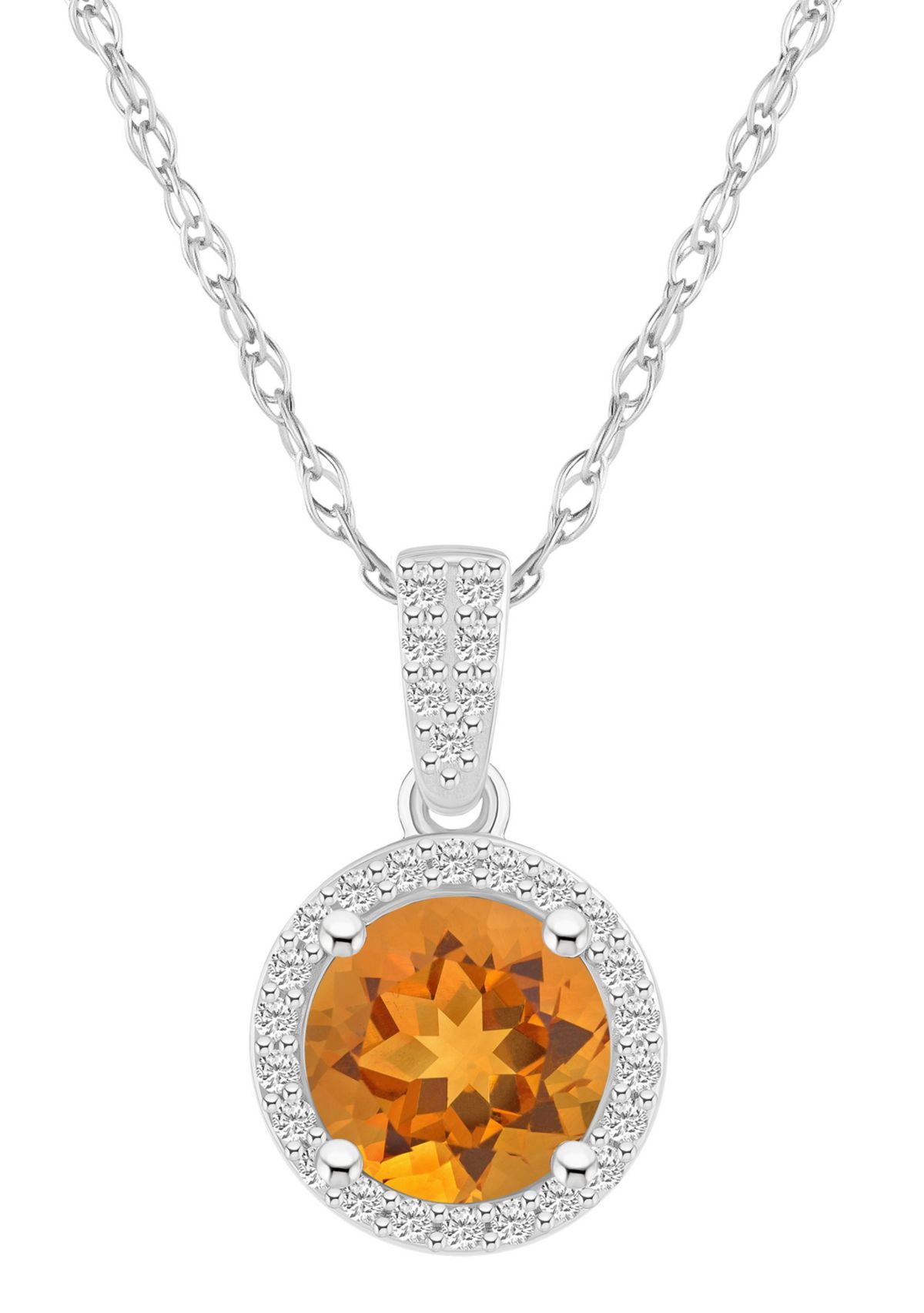 10K White Gold 7mm Round Citrine And Created White Sapphire Halo Pendant Necklace