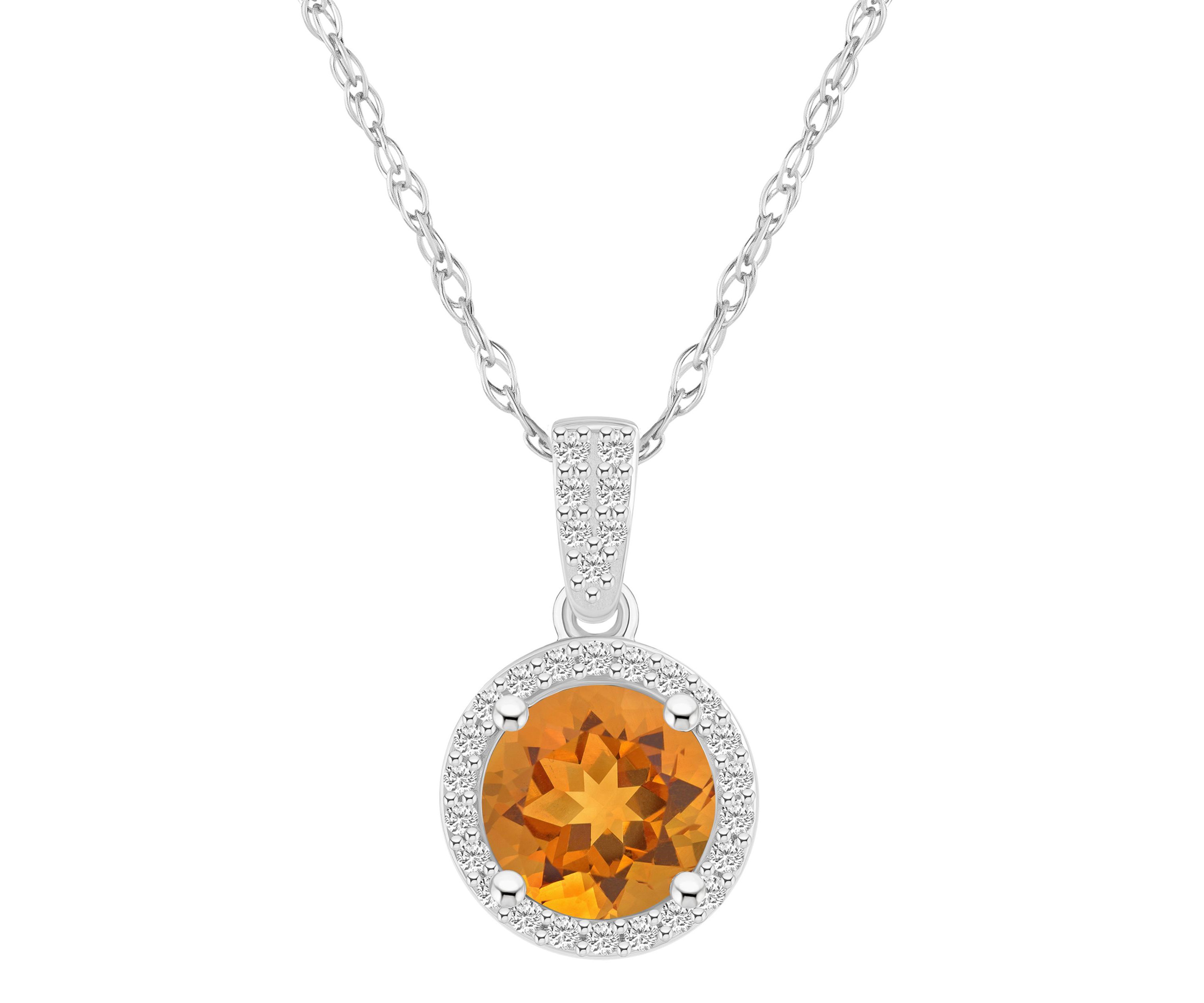 10K White Gold 7mm Round Citrine And Created White Sapphire Halo Pendant Necklace