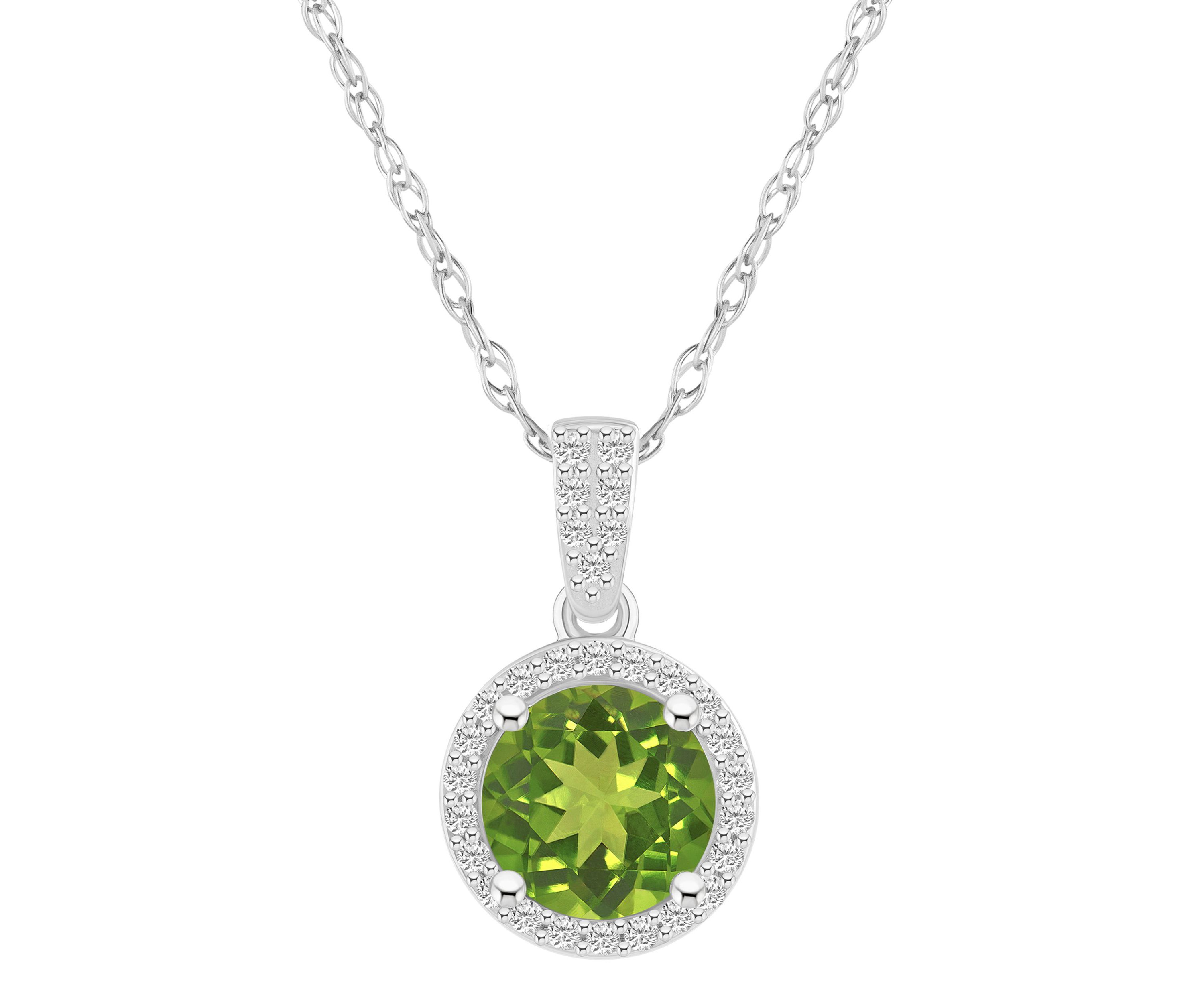 10K White Gold 7mm Round Peridot And Created White Sapphire Halo Pendant Necklace