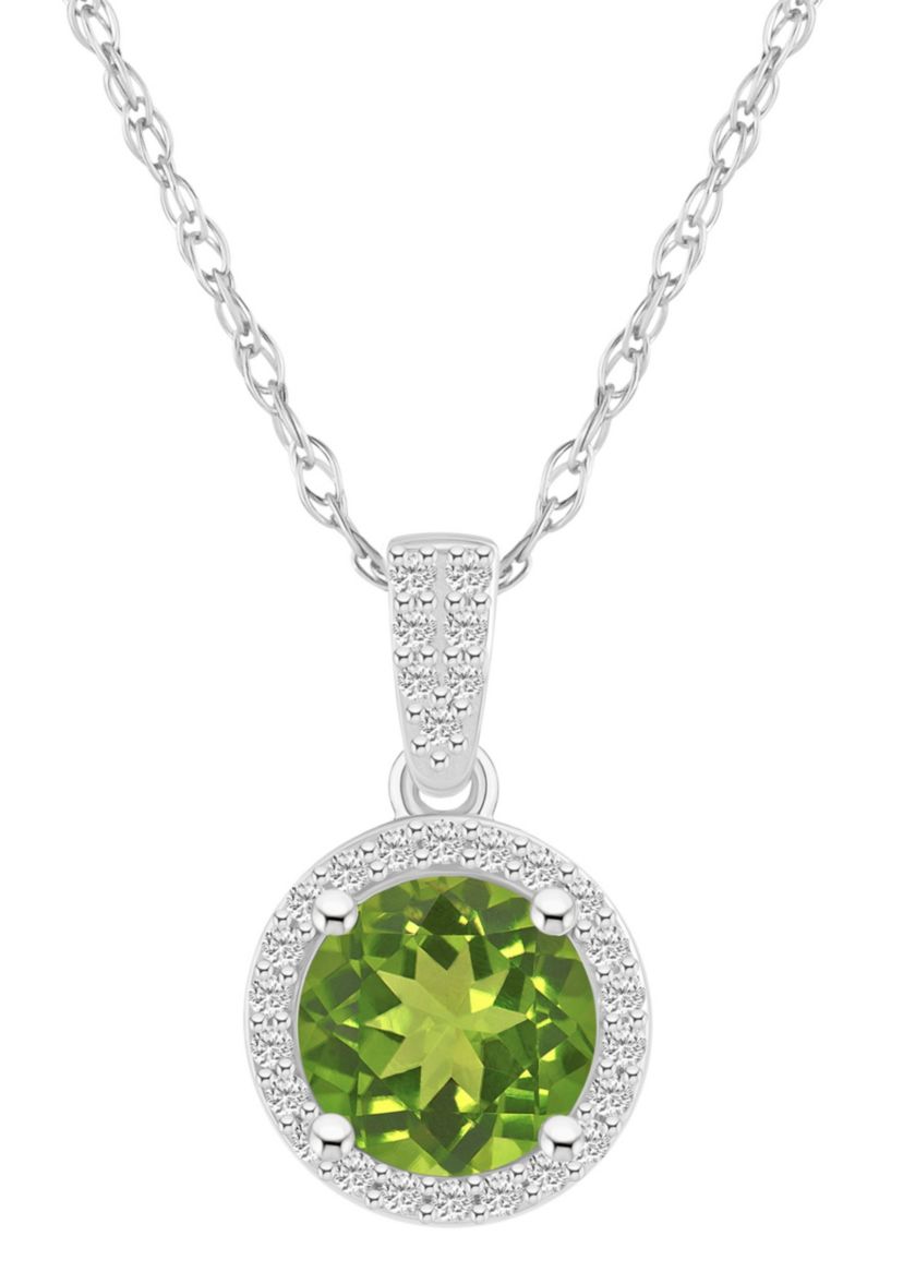 10K White Gold 7mm Round Peridot And Created White Sapphire Halo Pendant Necklace