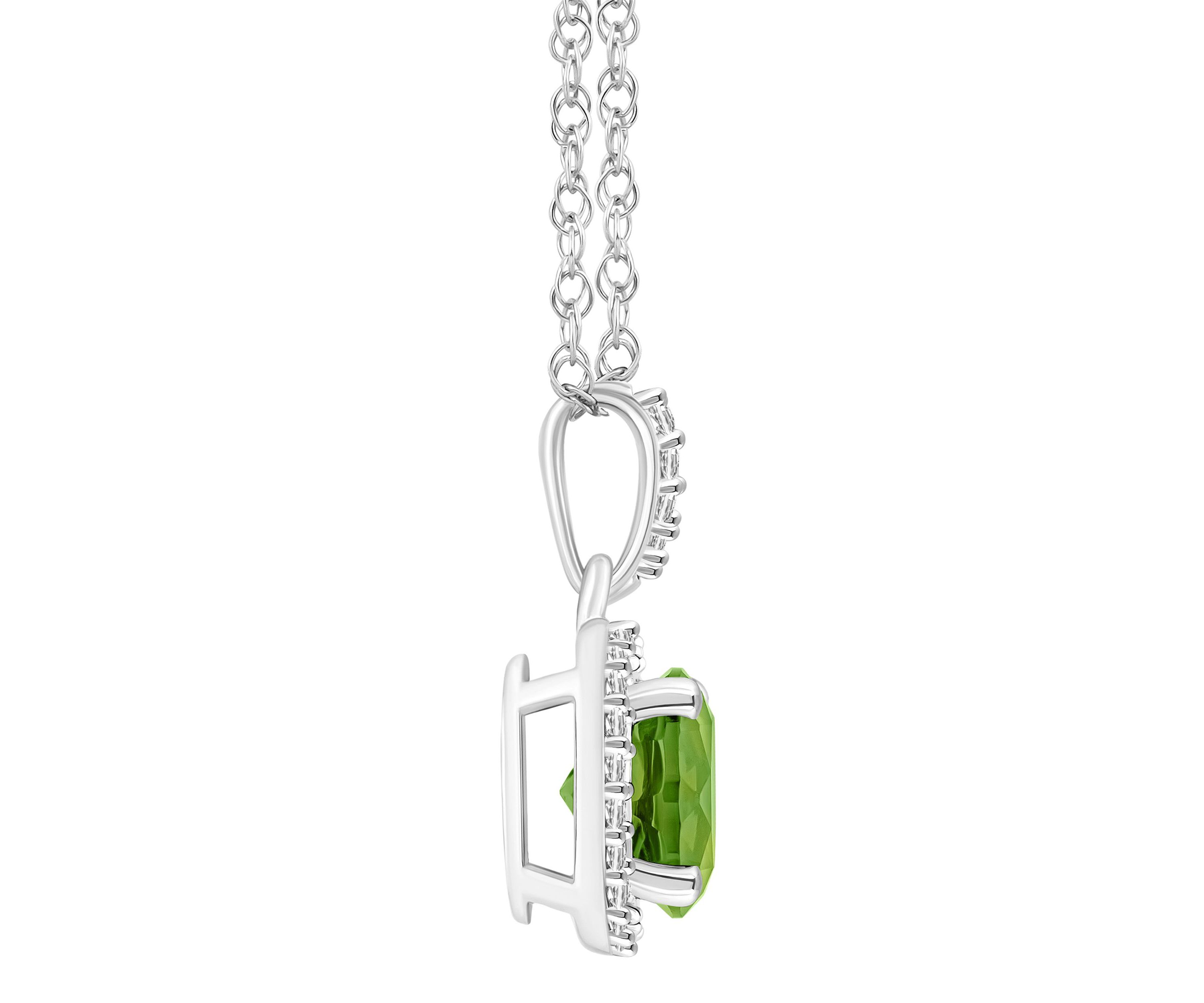 10K White Gold 7mm Round Peridot And Created White Sapphire Halo Pendant Necklace