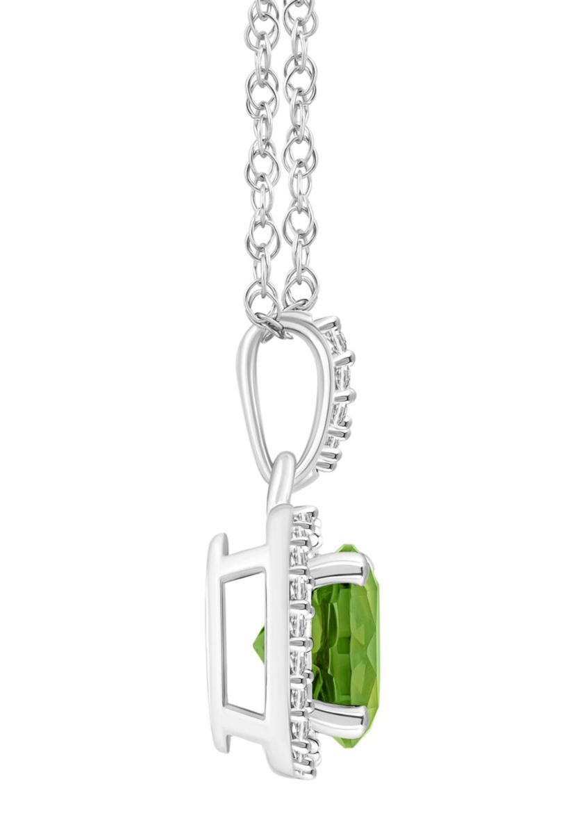 10K White Gold 7mm Round Peridot And Created White Sapphire Halo Pendant Necklace