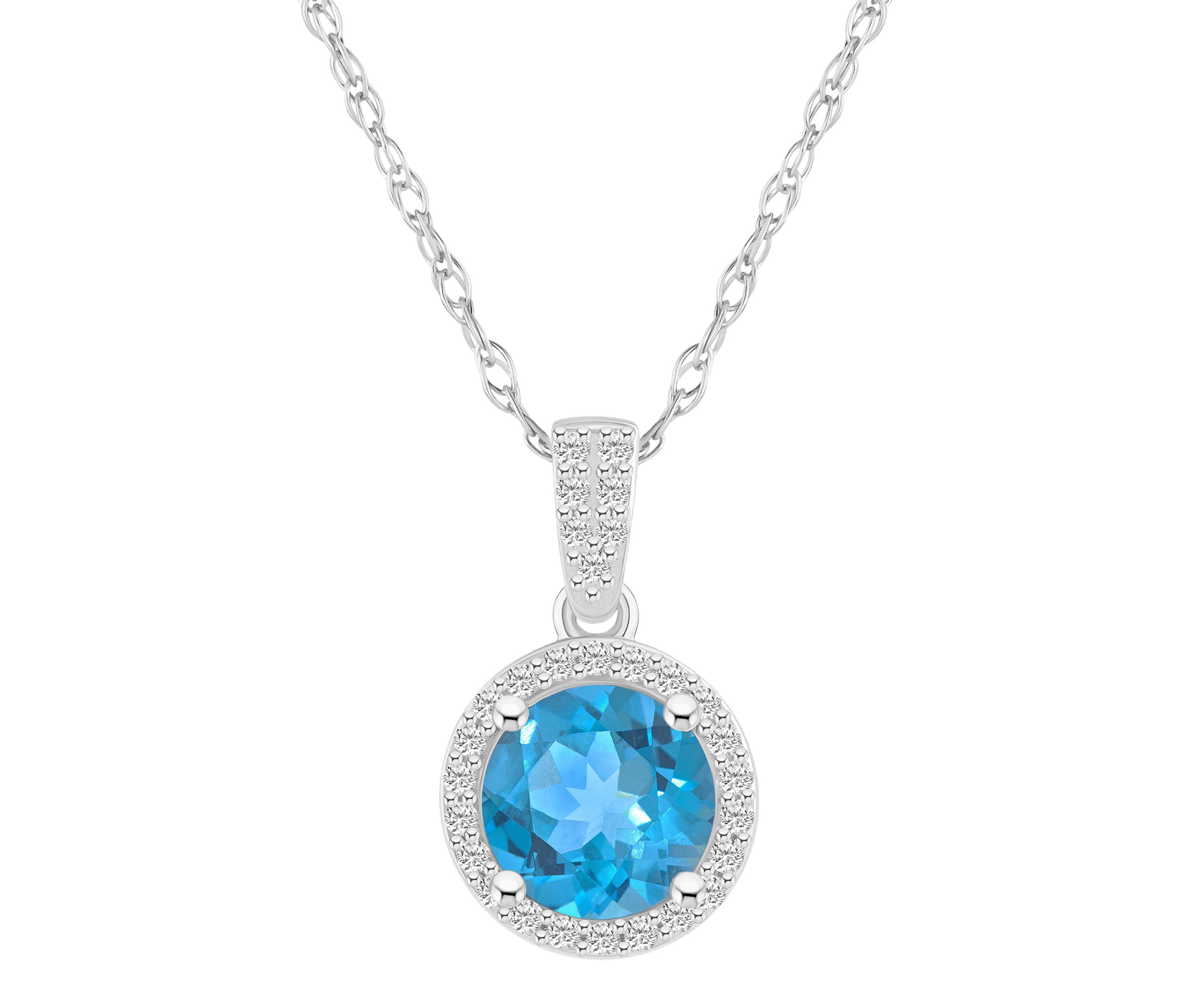 10K White Gold 7mm Round Blue Topaz And Created White Sapphire Halo Pendant Necklace