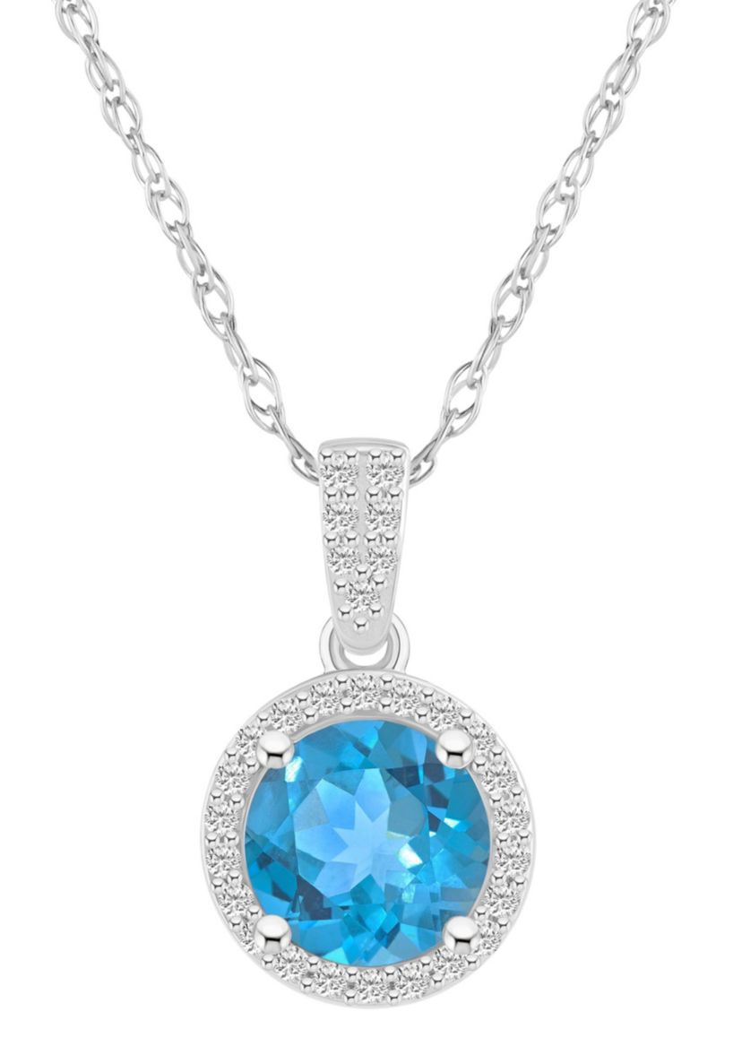 10K White Gold 7mm Round Blue Topaz And Created White Sapphire Halo Pendant Necklace