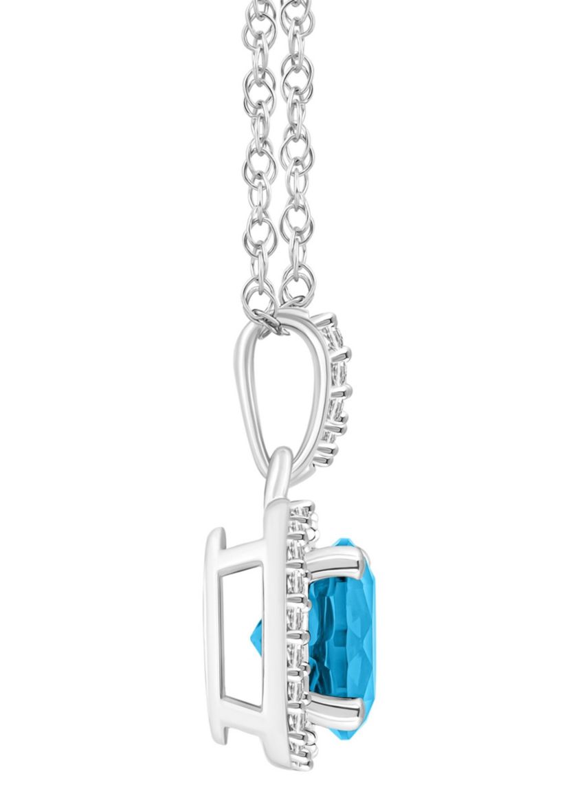 10K White Gold 7mm Round Blue Topaz And Created White Sapphire Halo Pendant Necklace