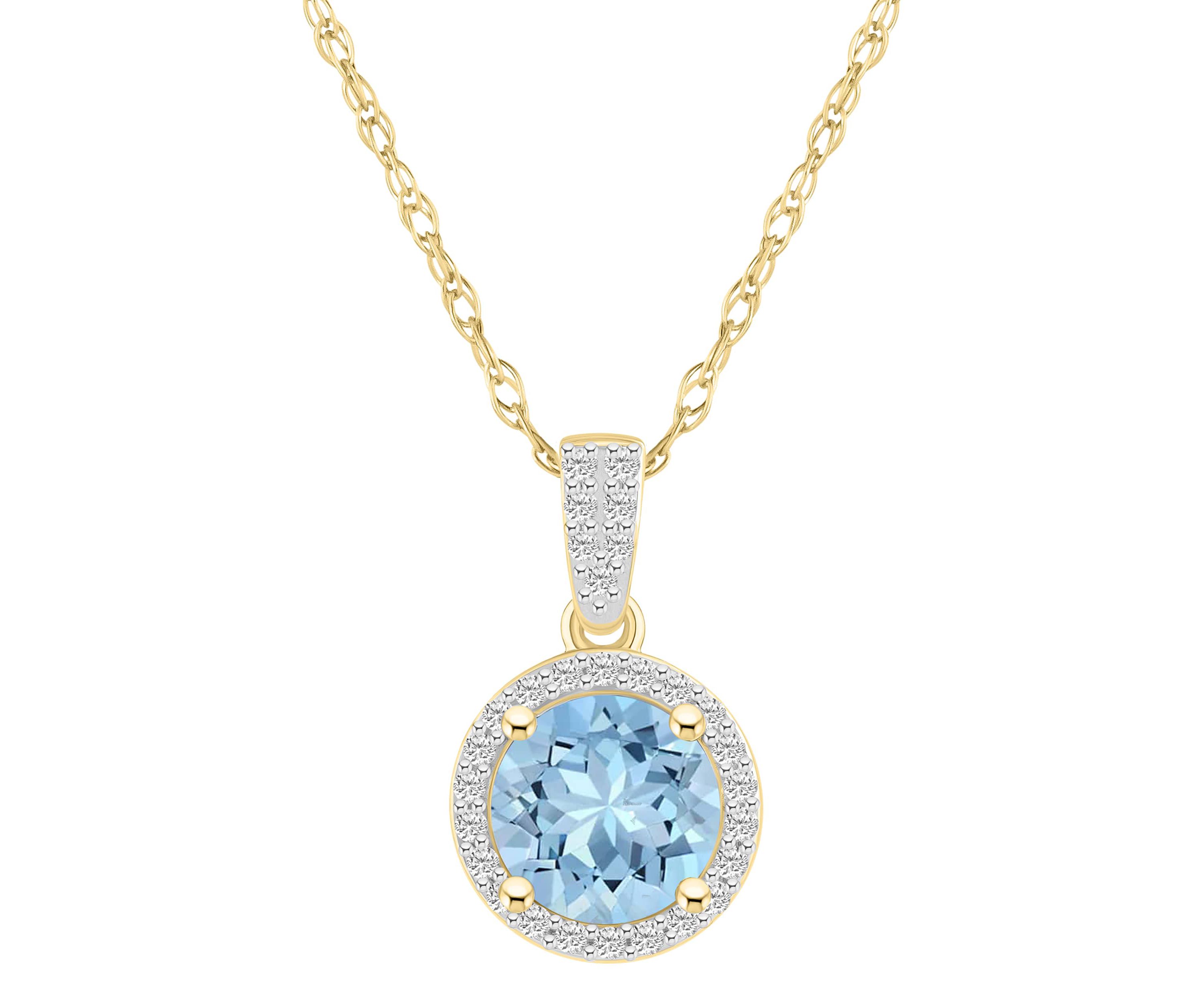 Lab Created 10K Yellow Gold 7mm Round Simulated Aquamarine & Created White Sapphire Halo Pendant Necklace