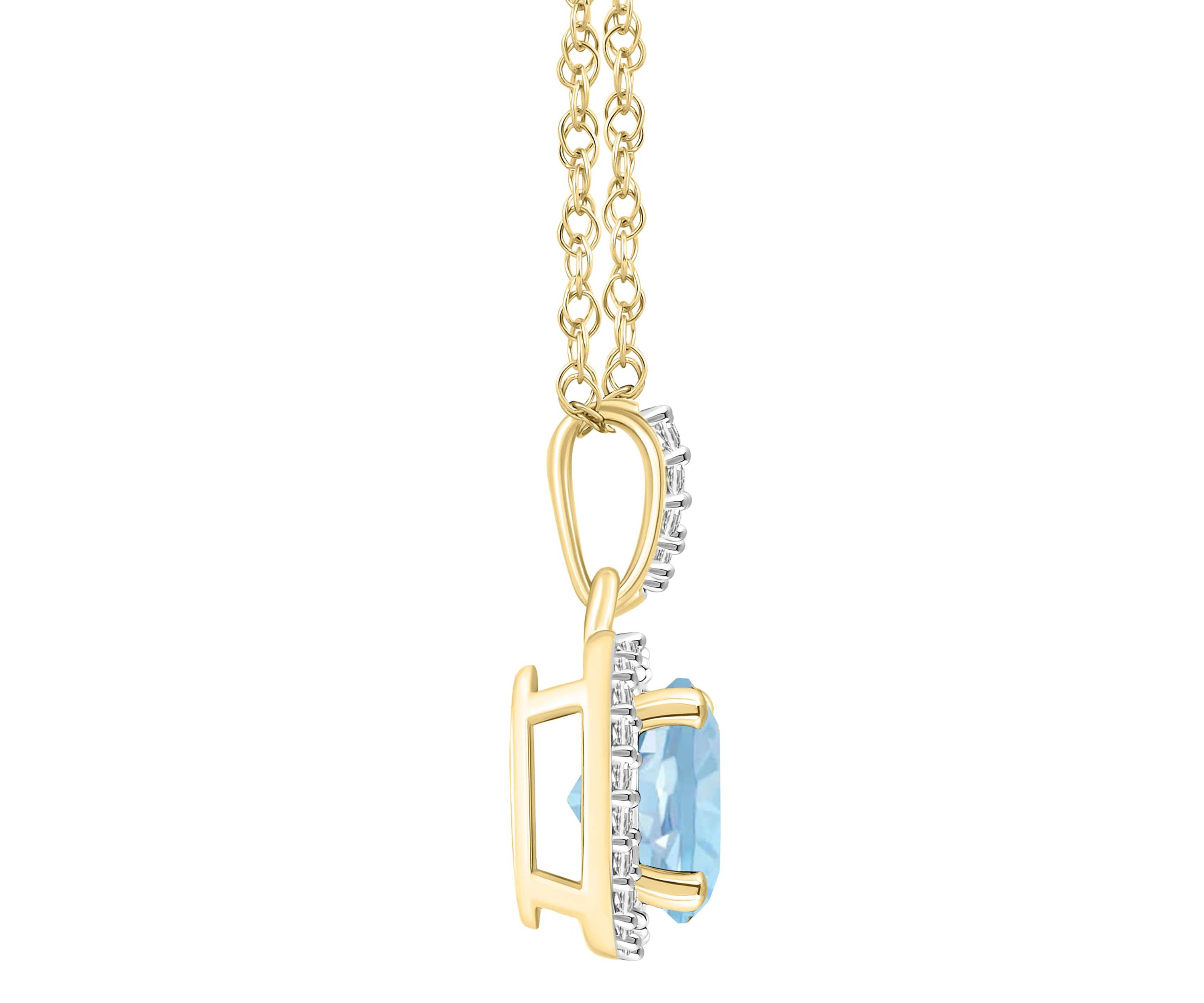 Lab Created 10K Yellow Gold 7mm Round Simulated Aquamarine & Created White Sapphire Halo Pendant Necklace