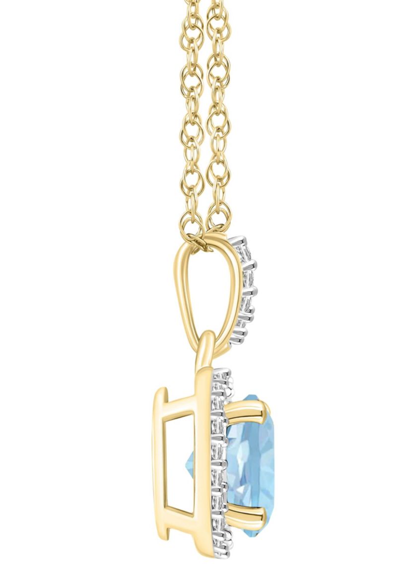 Lab Created 10K Yellow Gold 7mm Round Simulated Aquamarine & Created White Sapphire Halo Pendant Necklace