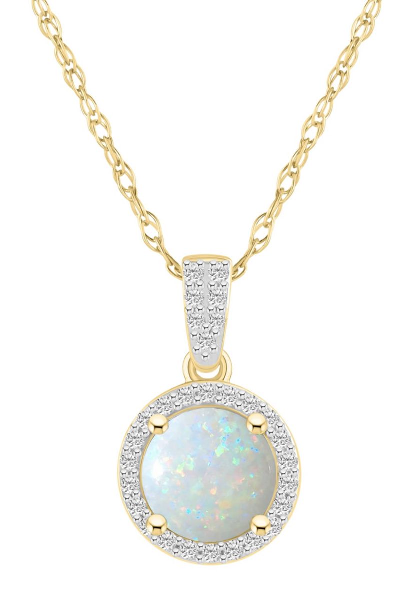 Lab Created 10K Yellow Gold 7mm Round Created Opal & Created White Sapphire Halo Pendant Necklace