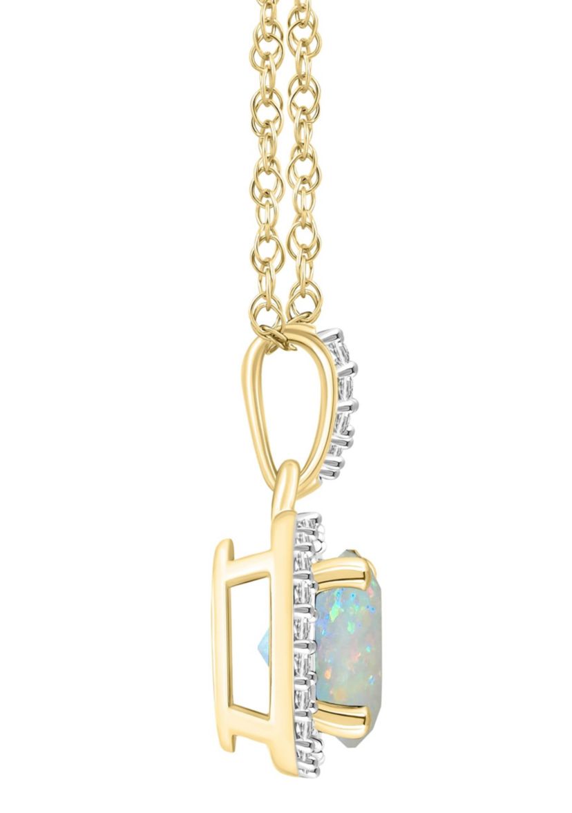 Lab Created 10K Yellow Gold 7mm Round Created Opal & Created White Sapphire Halo Pendant Necklace