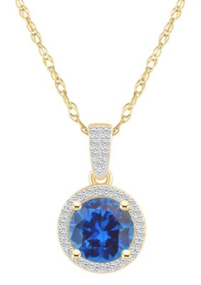 Belk & Co Lab Created 10K Yellow Gold 7mm Round Gemstone And White Sapphire Halo Pendant Necklace
