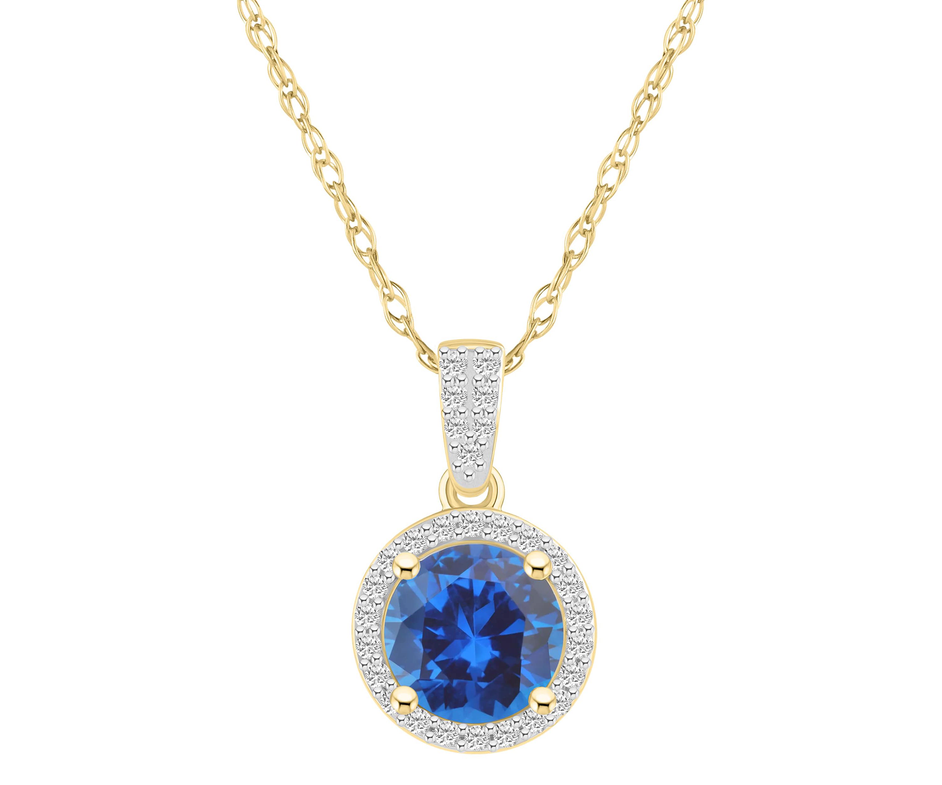 Lab Created 10K Yellow Gold 7mm Round Created Sapphire & Created White Sapphire Halo Pendant Necklace
