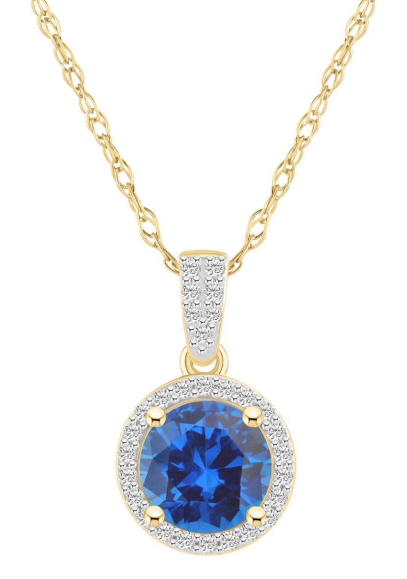 Lab Created 10K Yellow Gold 7mm Round Created Sapphire & Created White Sapphire Halo Pendant Necklace