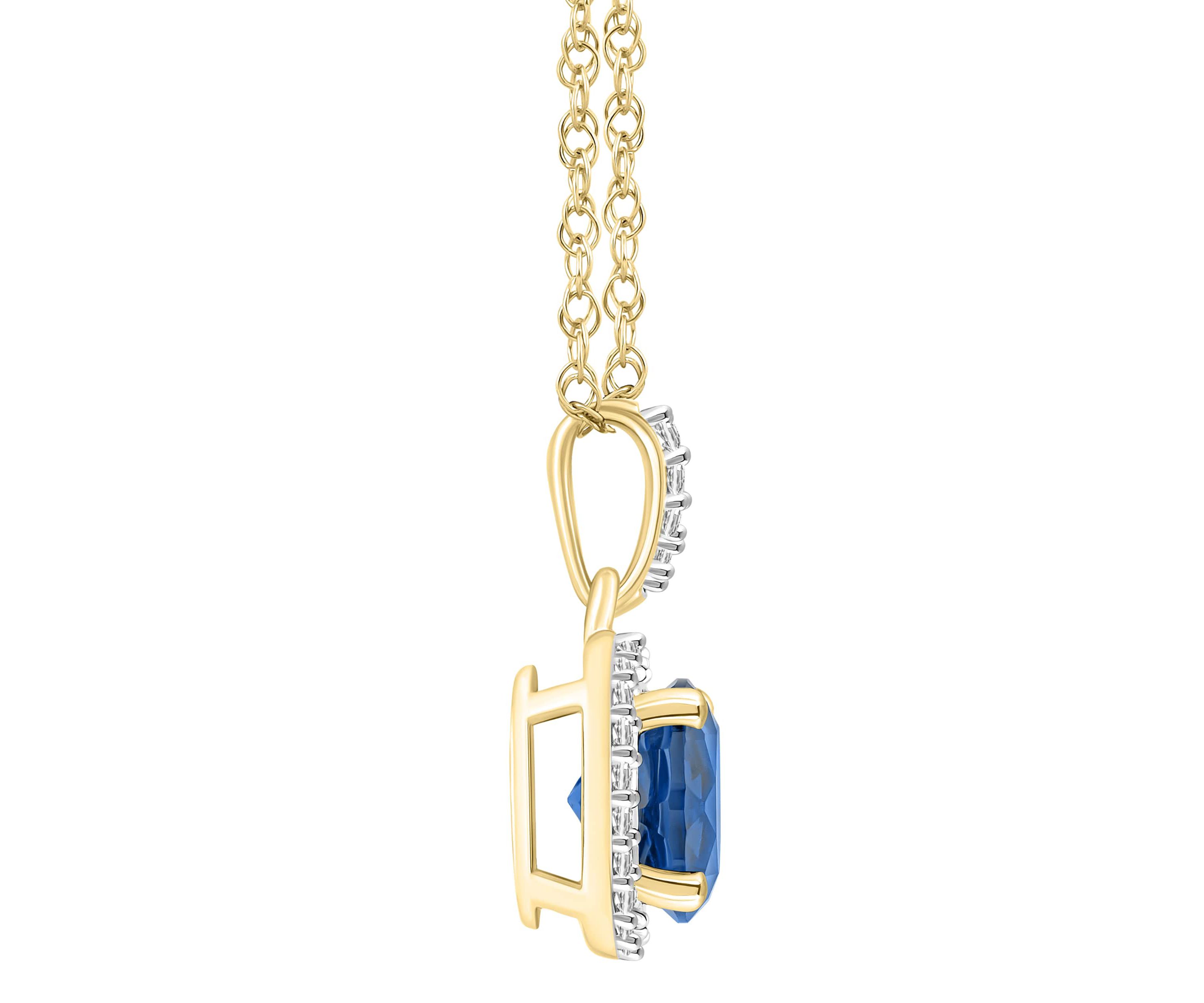 Lab Created 10K Yellow Gold 7mm Round Created Sapphire & Created White Sapphire Halo Pendant Necklace