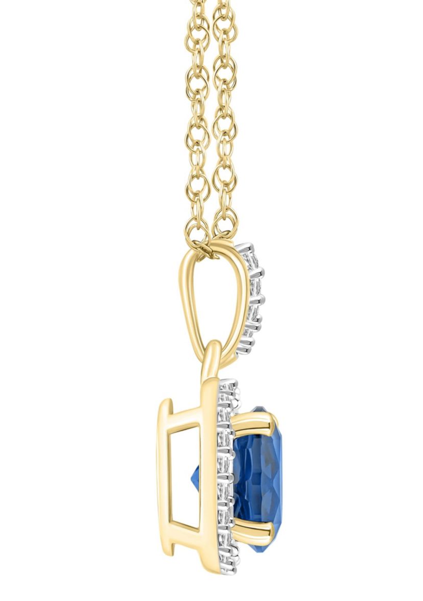 Lab Created 10K Yellow Gold 7mm Round Created Sapphire & Created White Sapphire Halo Pendant Necklace