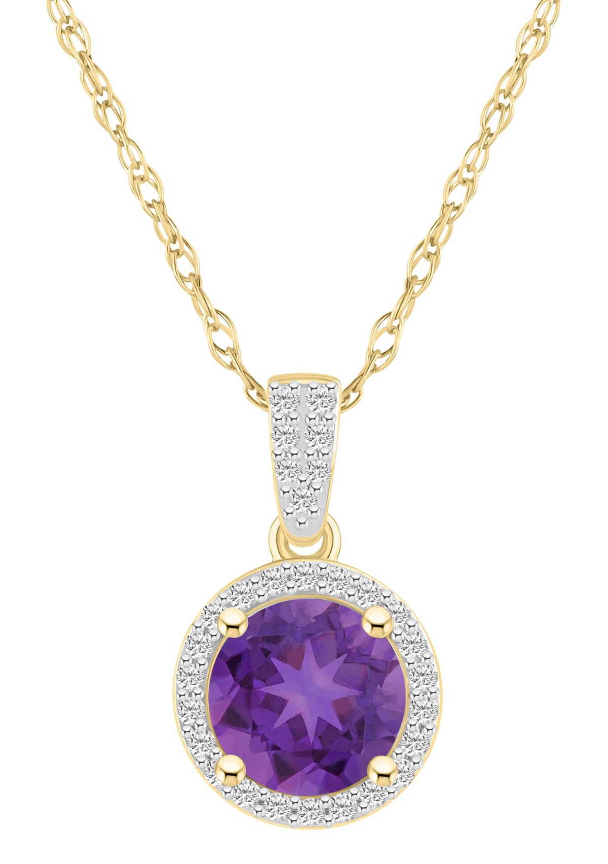 10K Yellow Gold 7mm Round Amethyst & Created White Sapphire Halo Pendant Necklace