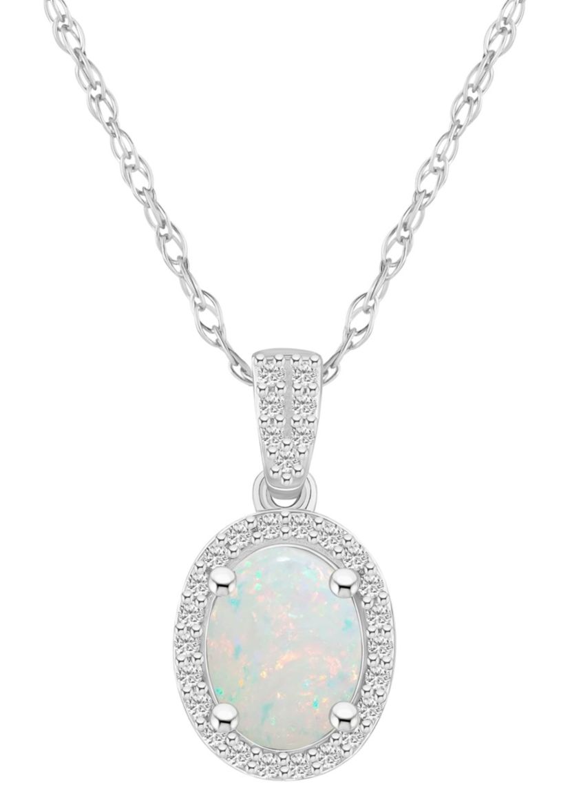 Lab Created 10K White Gold 8x6mm Oval Created Opal & Created White Sapphire Halo Pendant Necklace