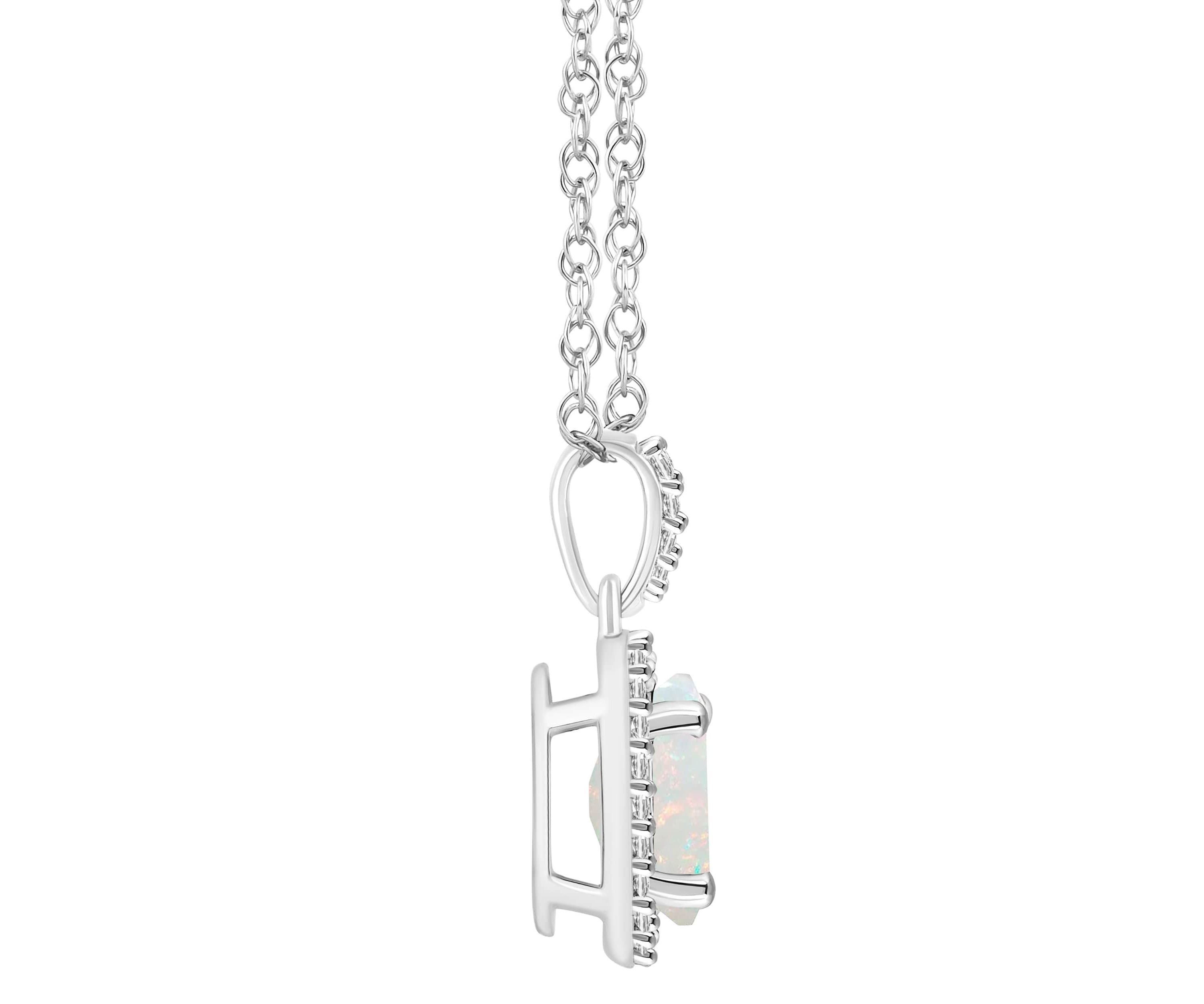 Lab Created 10K White Gold 8x6mm Oval Created Opal & Created White Sapphire Halo Pendant Necklace