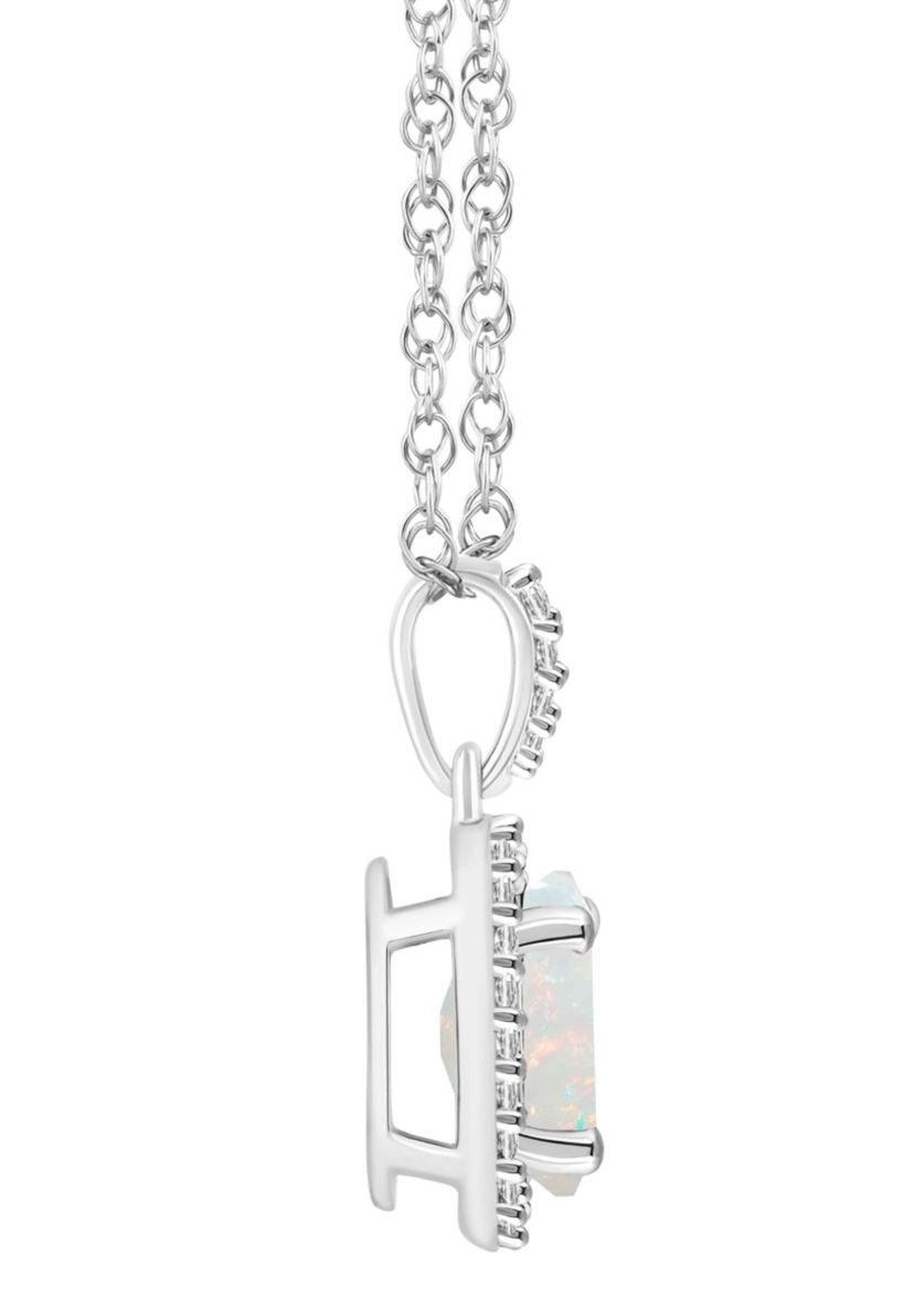 Lab Created 10K White Gold 8x6mm Oval Created Opal & Created White Sapphire Halo Pendant Necklace