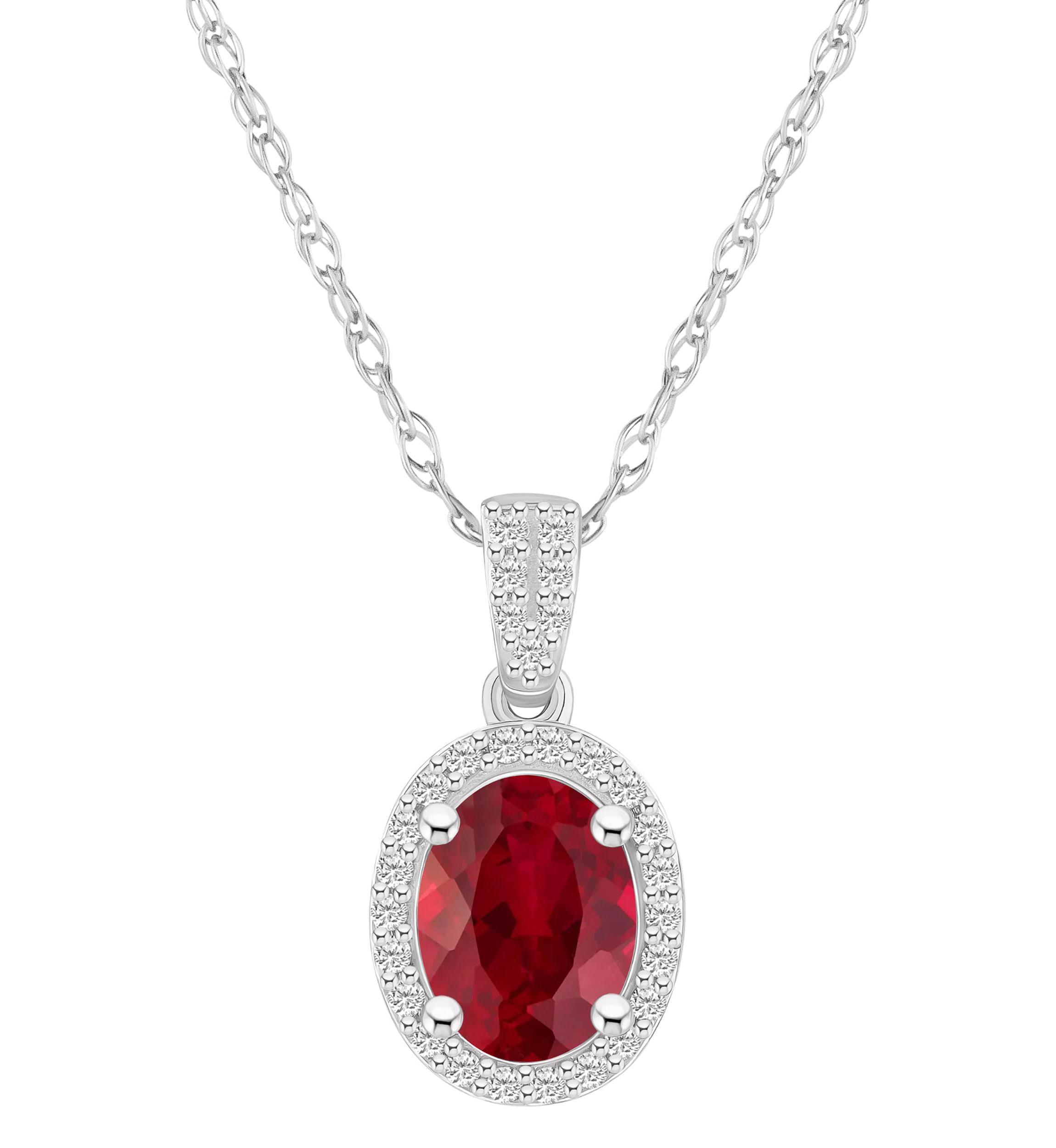 Lab Created 10K White Gold 8x6mm Oval Created Ruby & Created White Sapphire Halo Pendant Necklace