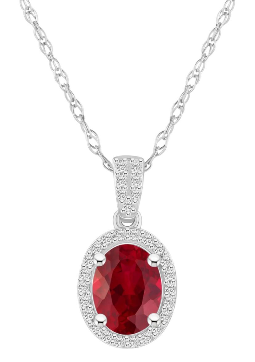 Lab Created 10K White Gold 8x6mm Oval Created Ruby & Created White Sapphire Halo Pendant Necklace