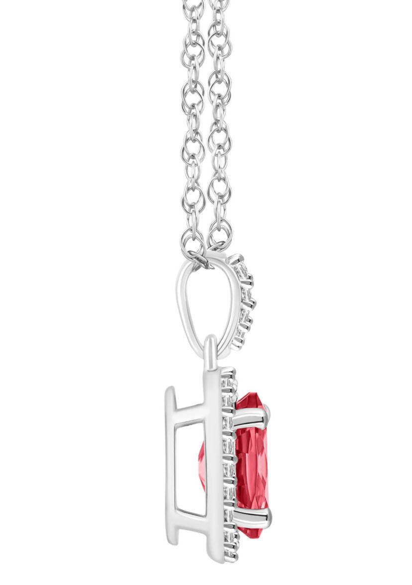 Lab Created 10K White Gold 8x6mm Oval Created Ruby & Created White Sapphire Halo Pendant Necklace