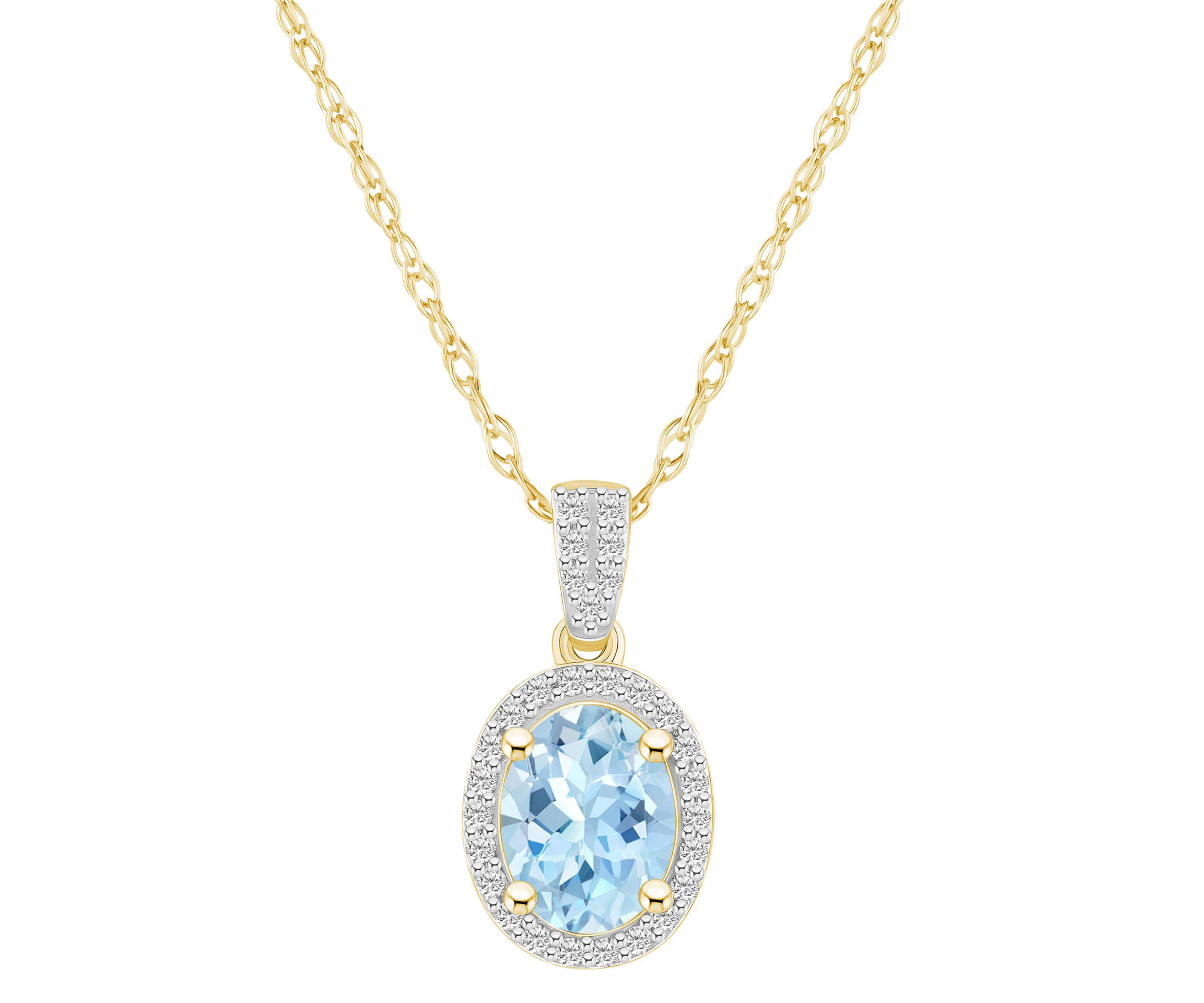 Lab Created 10K Yellow Gold 8x6mm Oval Simulated Aquamarine And Created White Sapphire Halo Pendant Necklace