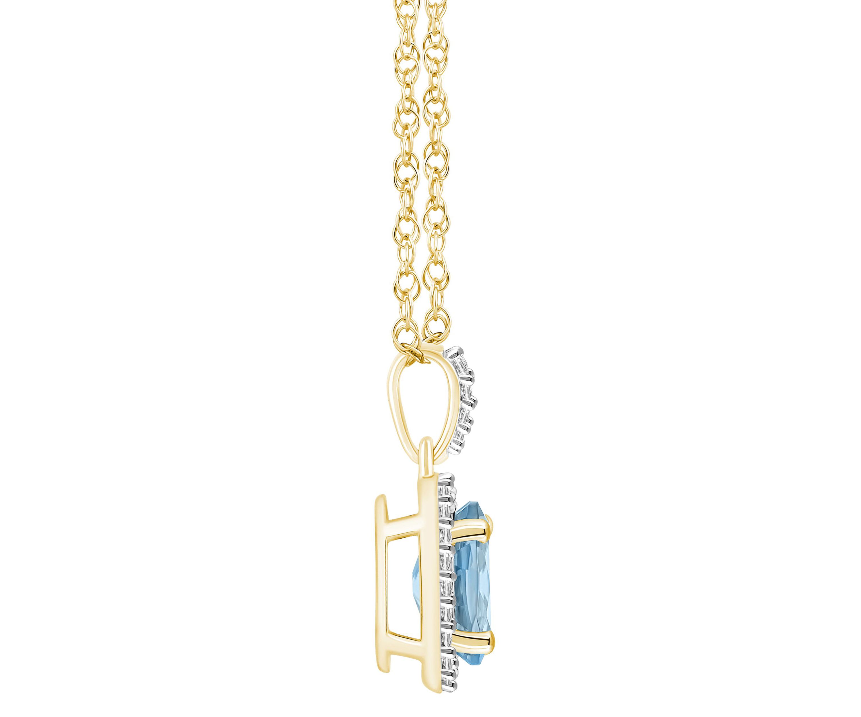 Lab Created 10K Yellow Gold 8x6mm Oval Simulated Aquamarine And Created White Sapphire Halo Pendant Necklace