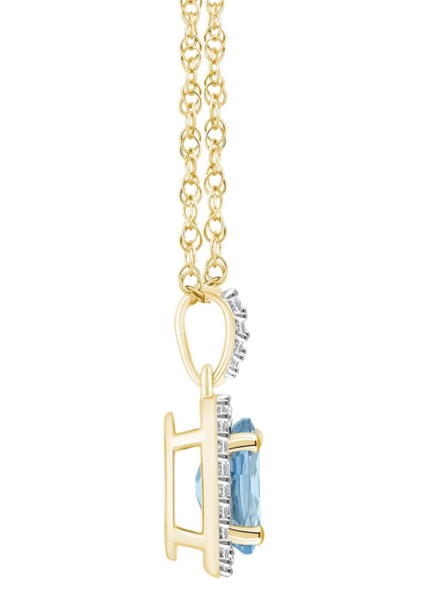 Lab Created 10K Yellow Gold 8x6mm Oval Simulated Aquamarine And Created White Sapphire Halo Pendant Necklace