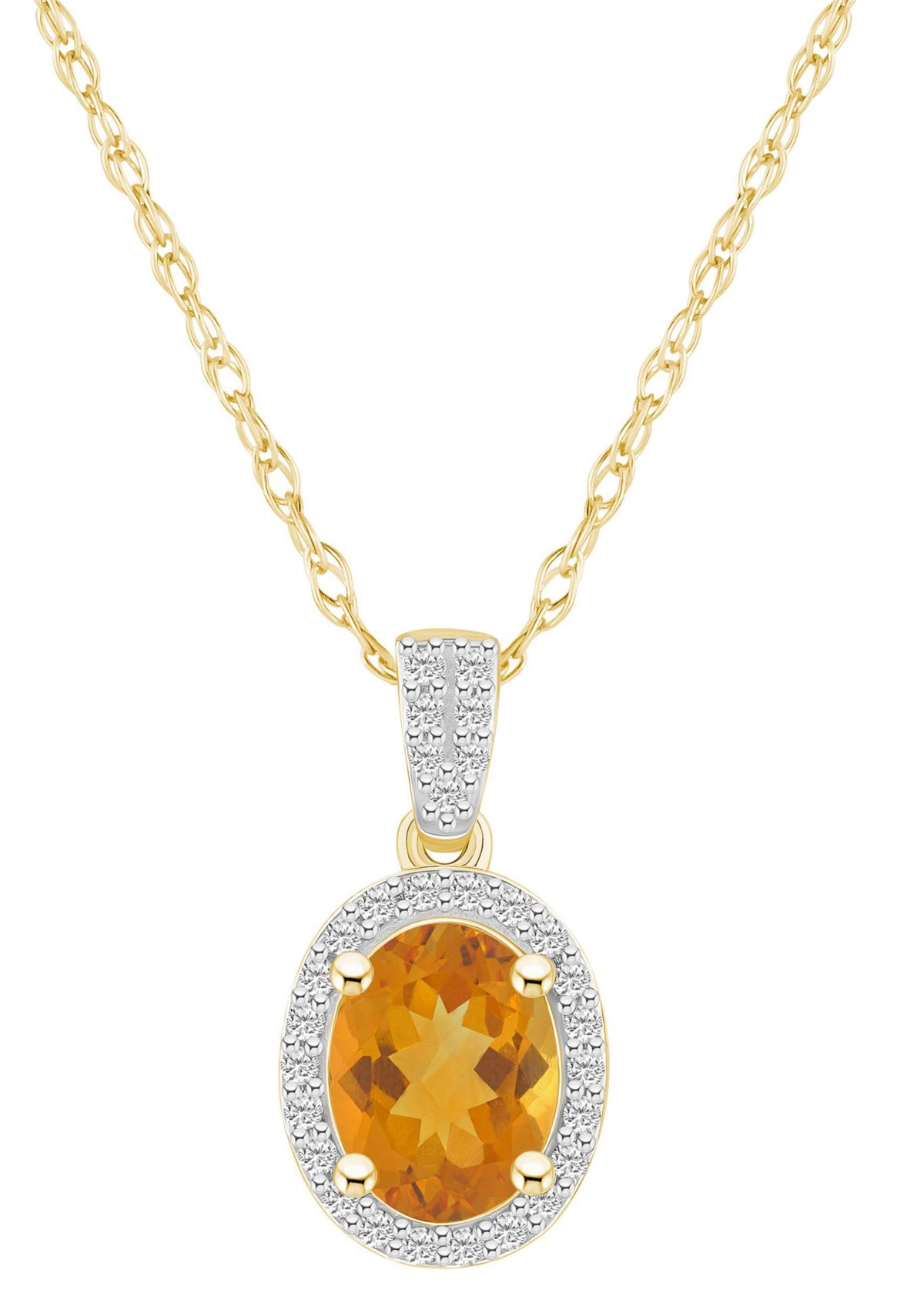 10K Yellow Gold 8x6mm Oval Citrine And Created White Sapphire Halo Pendant Necklace