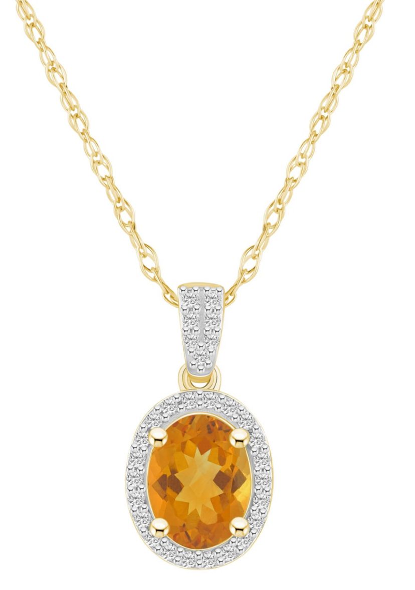 10K Yellow Gold 8x6mm Oval Citrine And Created White Sapphire Halo Pendant Necklace