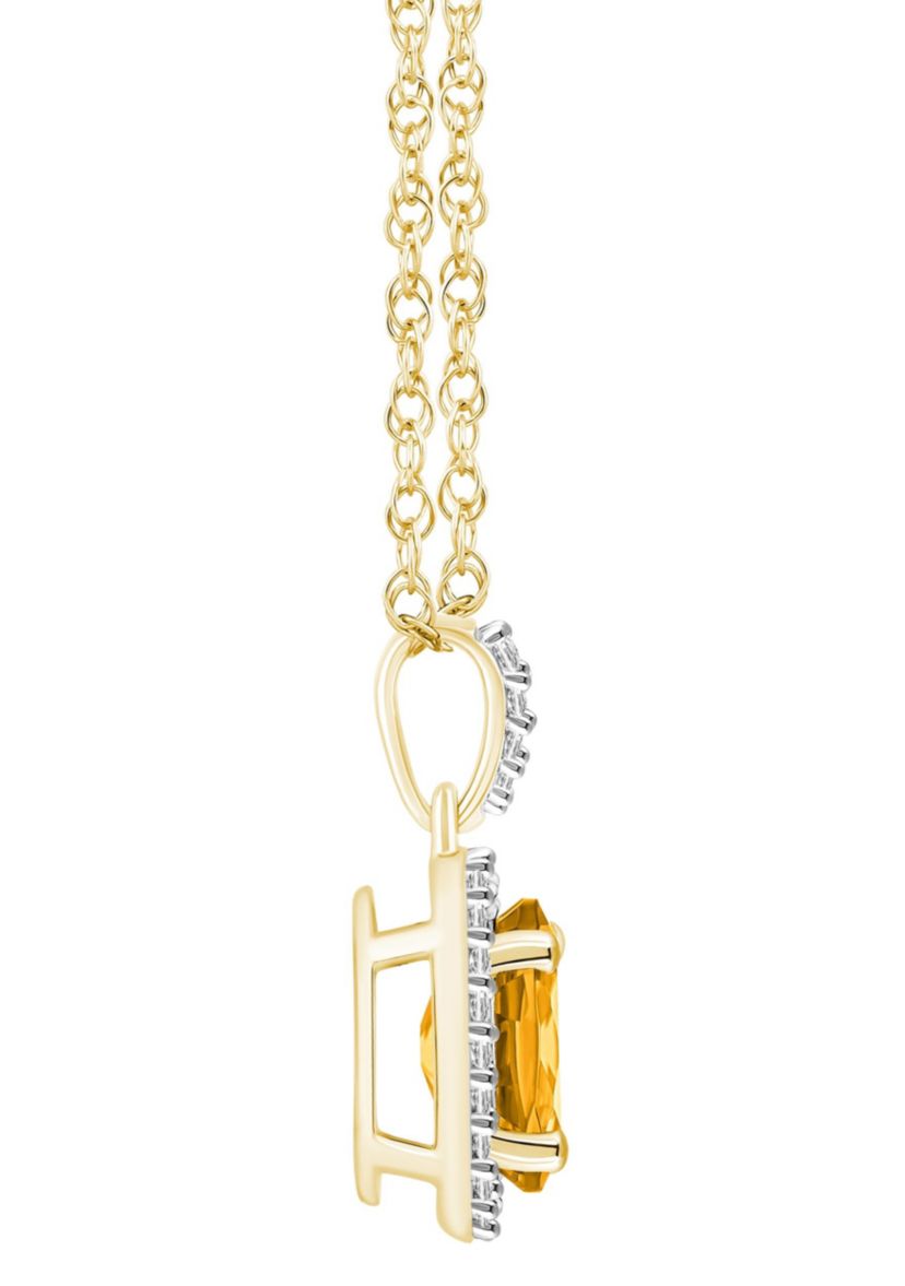 10K Yellow Gold 8x6mm Oval Citrine And Created White Sapphire Halo Pendant Necklace