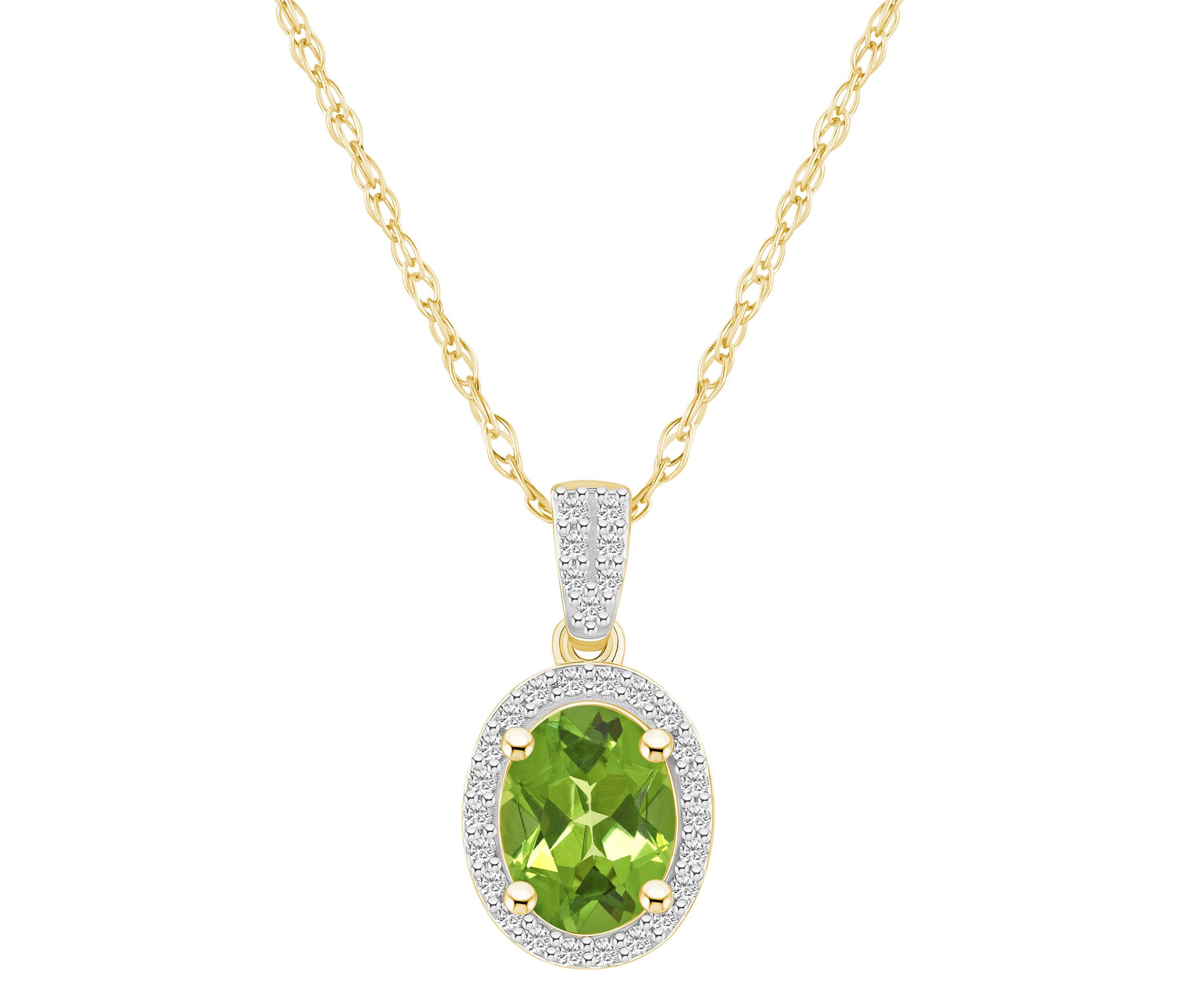 10K Yellow Gold 8x6mm Oval Peridot And Created White Sapphire Halo Pendant Necklace