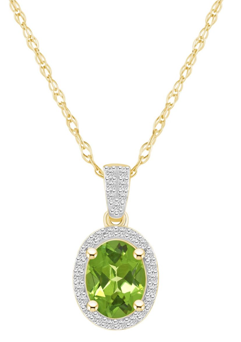 10K Yellow Gold 8x6mm Oval Peridot And Created White Sapphire Halo Pendant Necklace