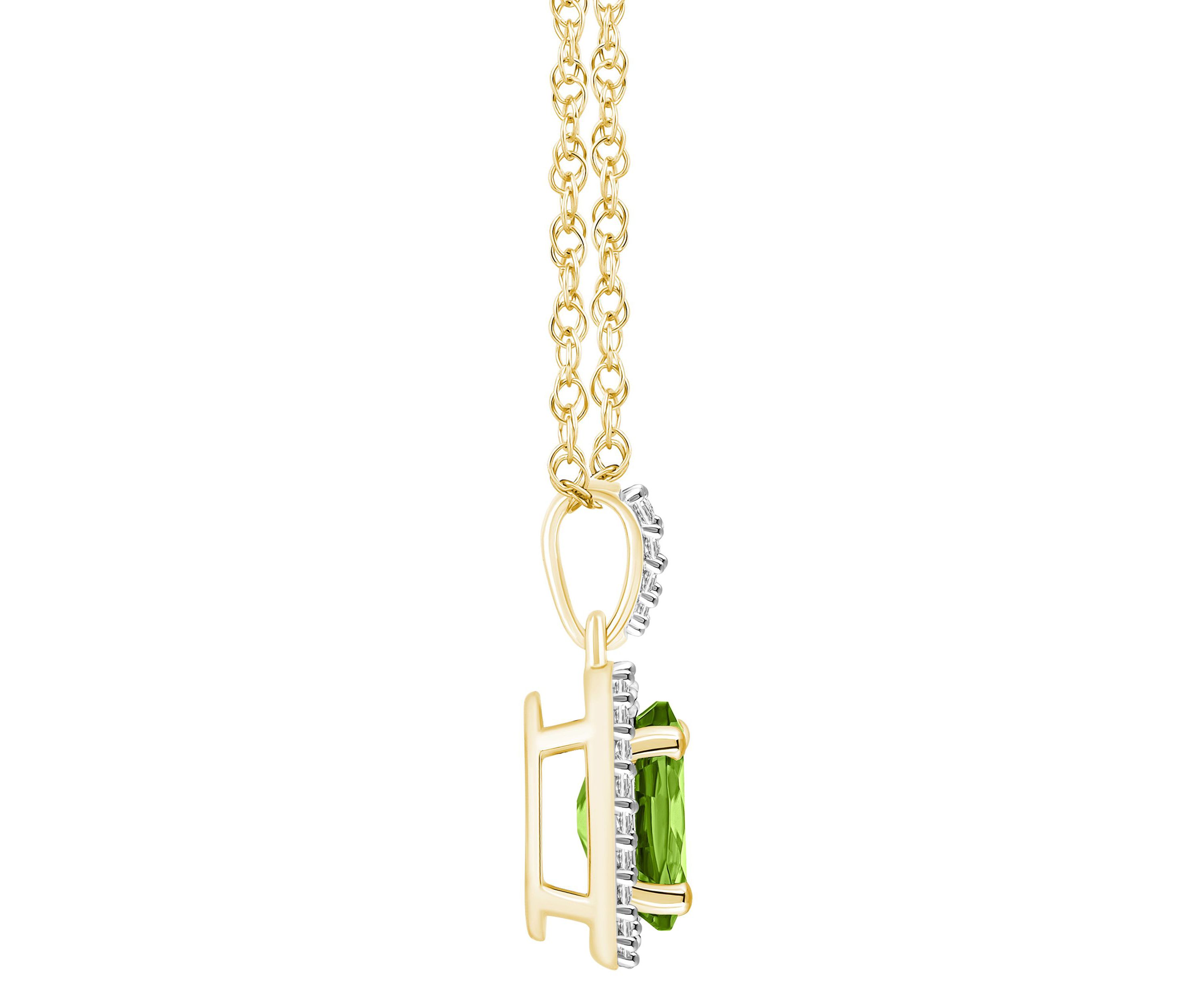 10K Yellow Gold 8x6mm Oval Peridot And Created White Sapphire Halo Pendant Necklace